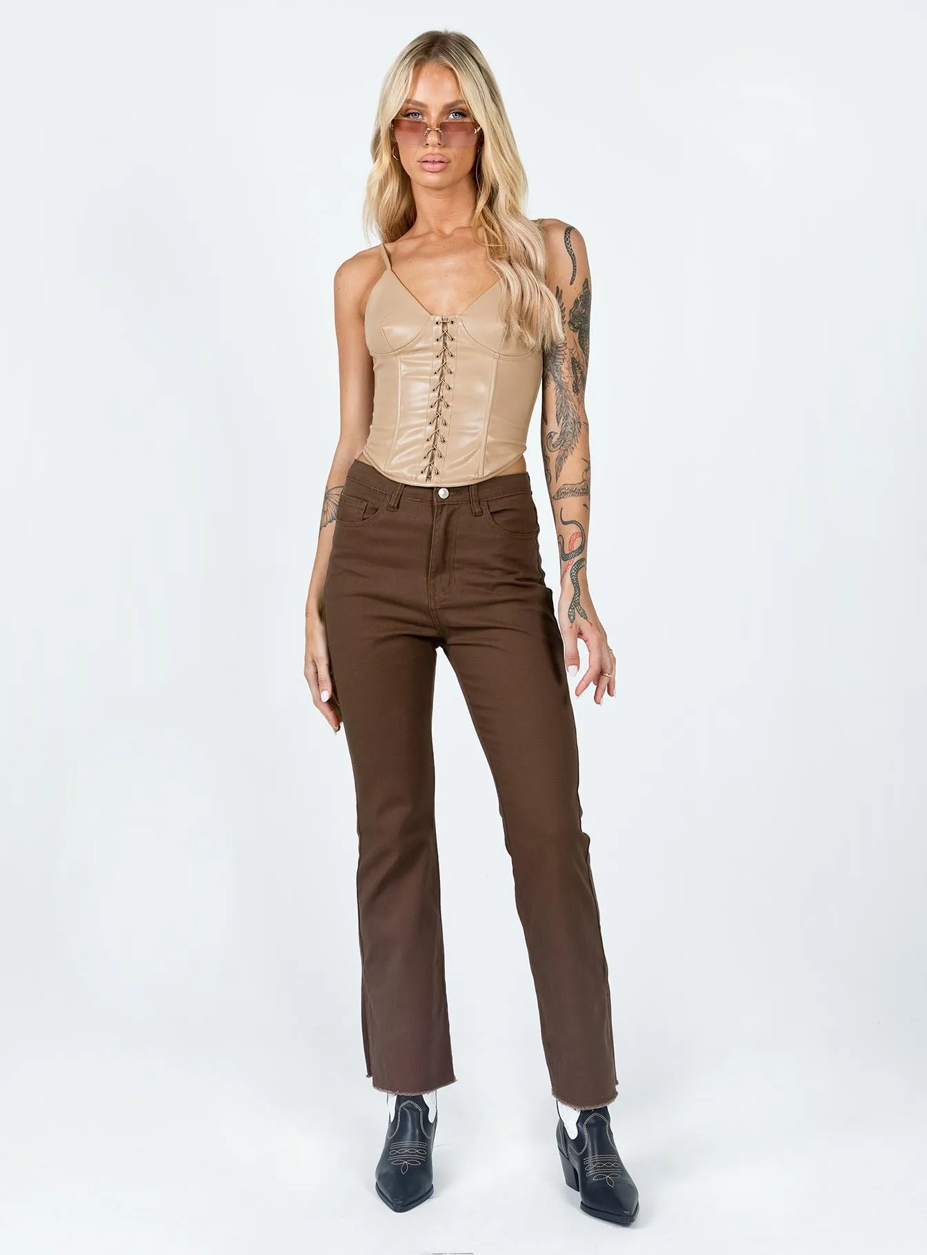 Multi Layer Knee Reinforcement Aalia Wide Leg Denim Jeans Brown