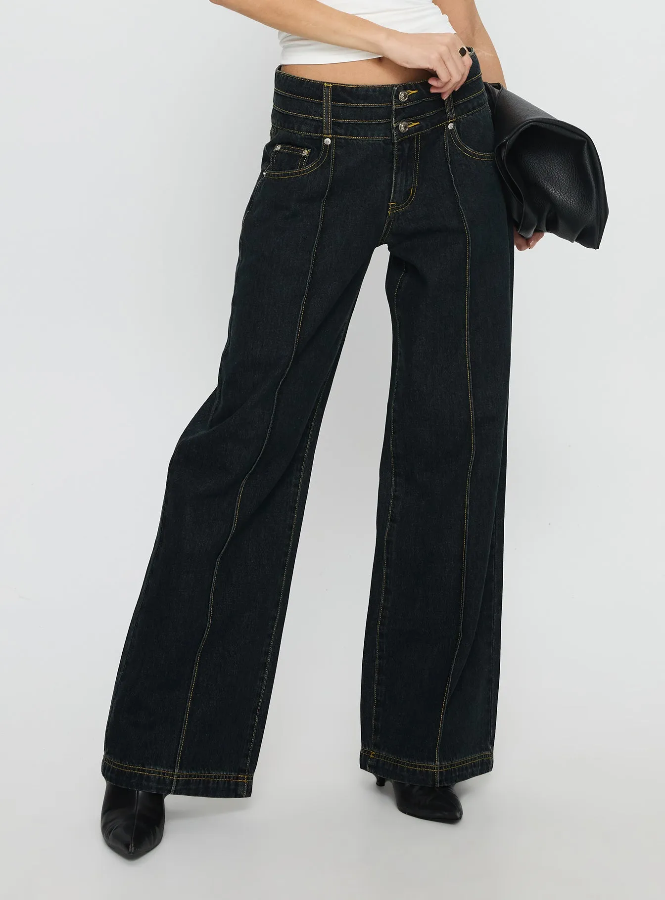 Hannalee Low Rise Wide Leg Cargo Jeans Grunge Wash Seamless Pocket Design