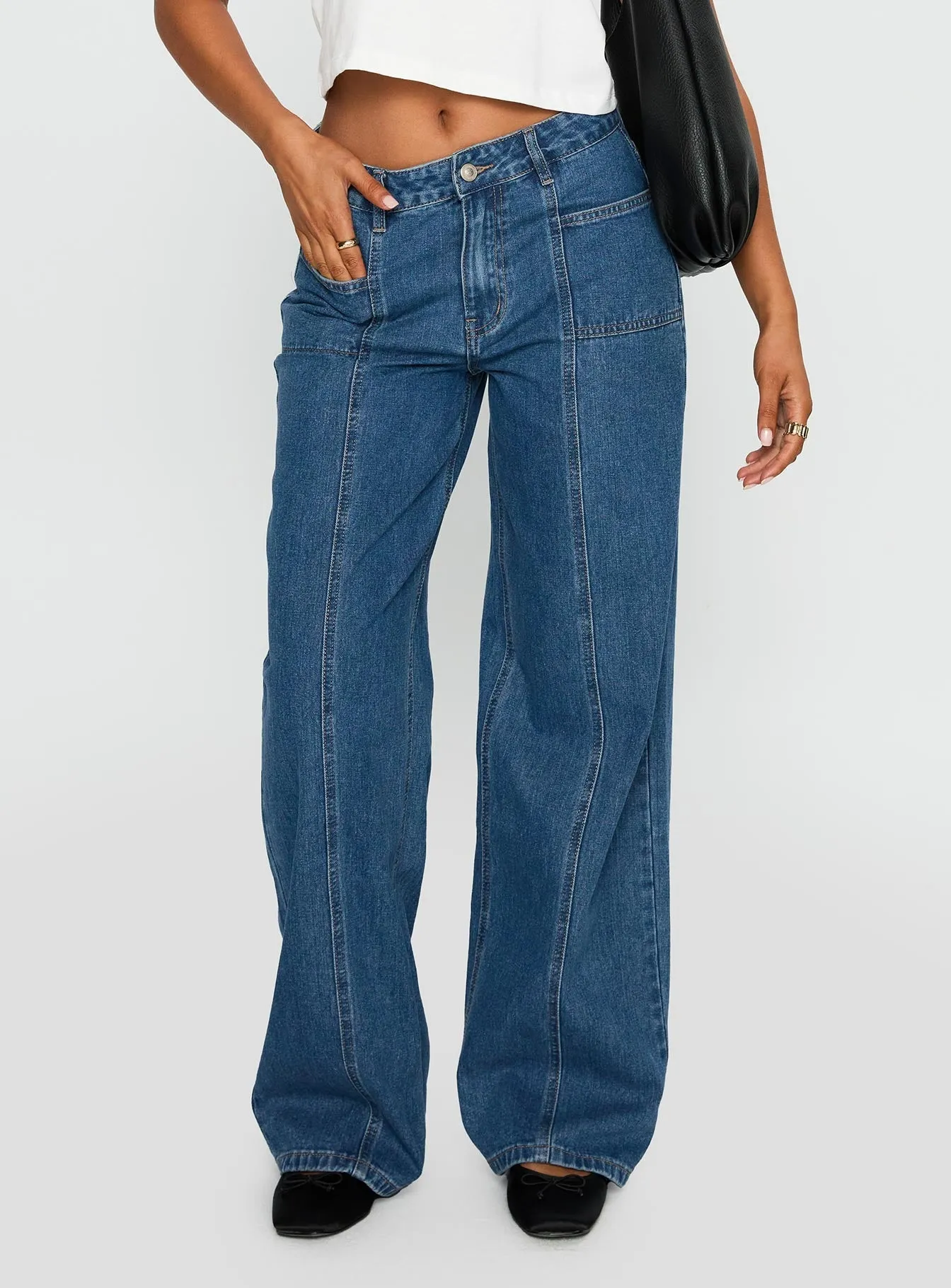 Sporty Look Minimalist Elegant Taji Mid Rise Wide Leg Jeans Dark Blue