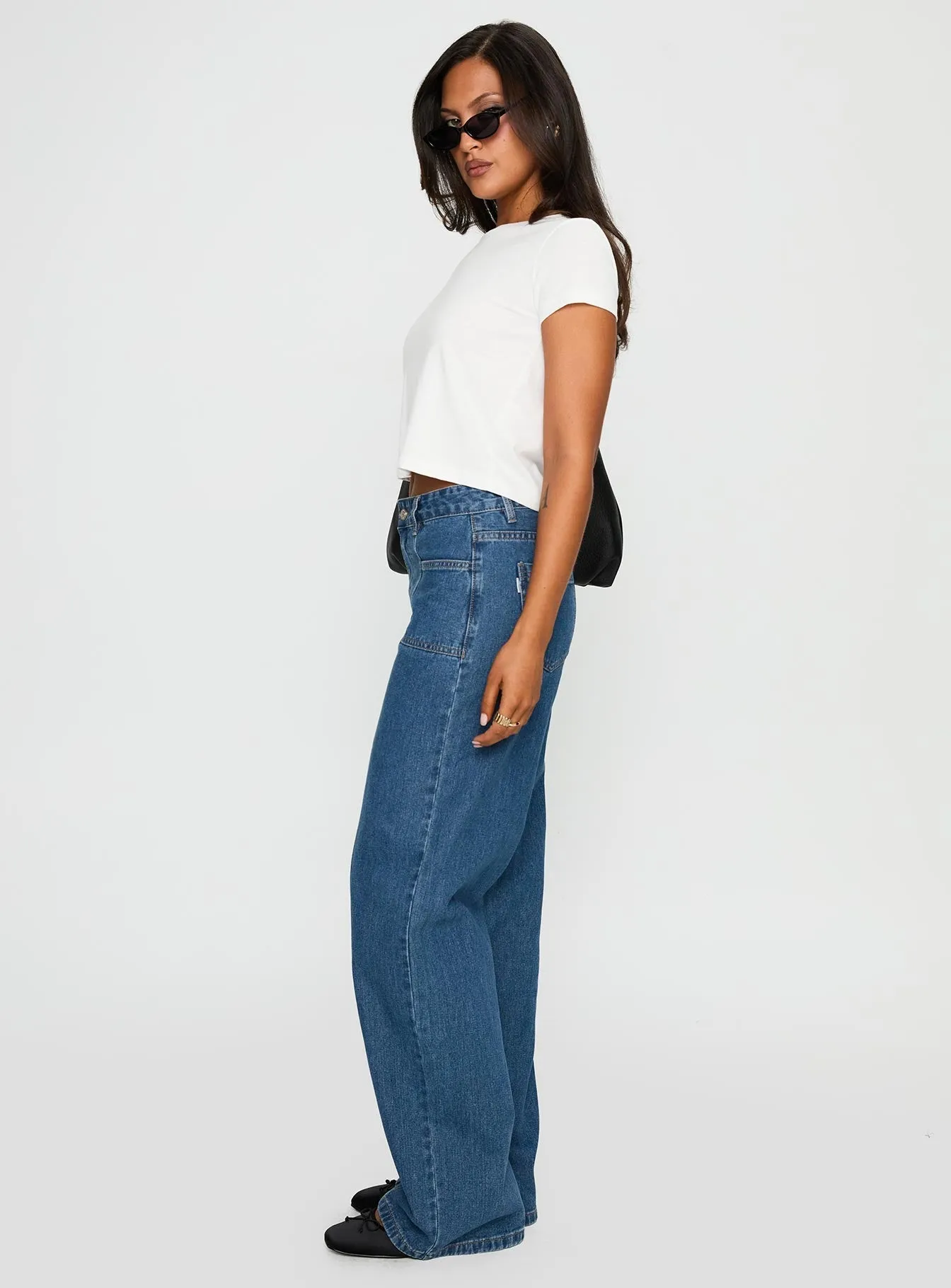Taji Mid Rise Wide Leg Jeans Dark Blue fade resistant color Straight Cut