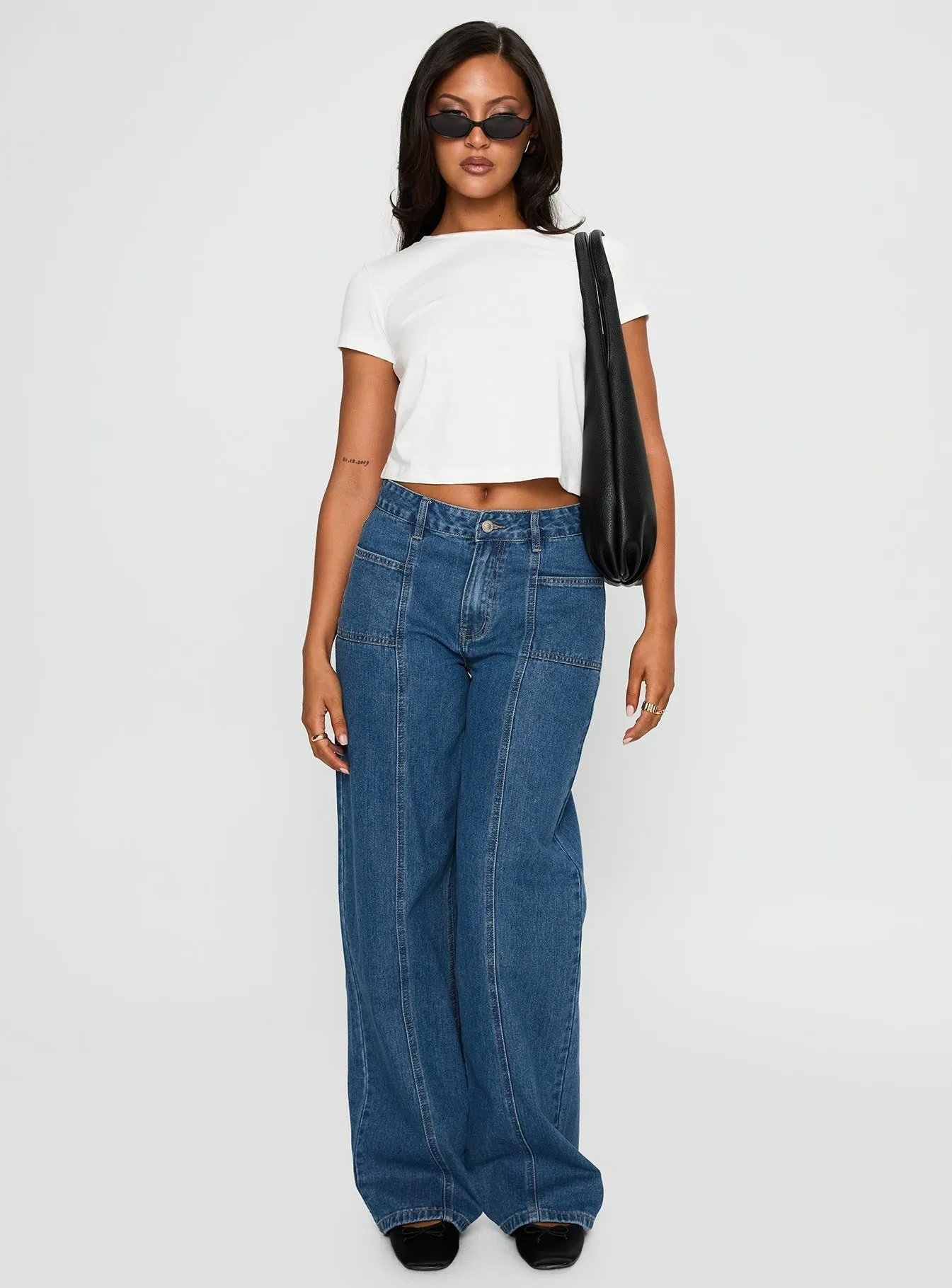 Base Attire Taji Mid Rise Wide Leg Jeans Dark Blue