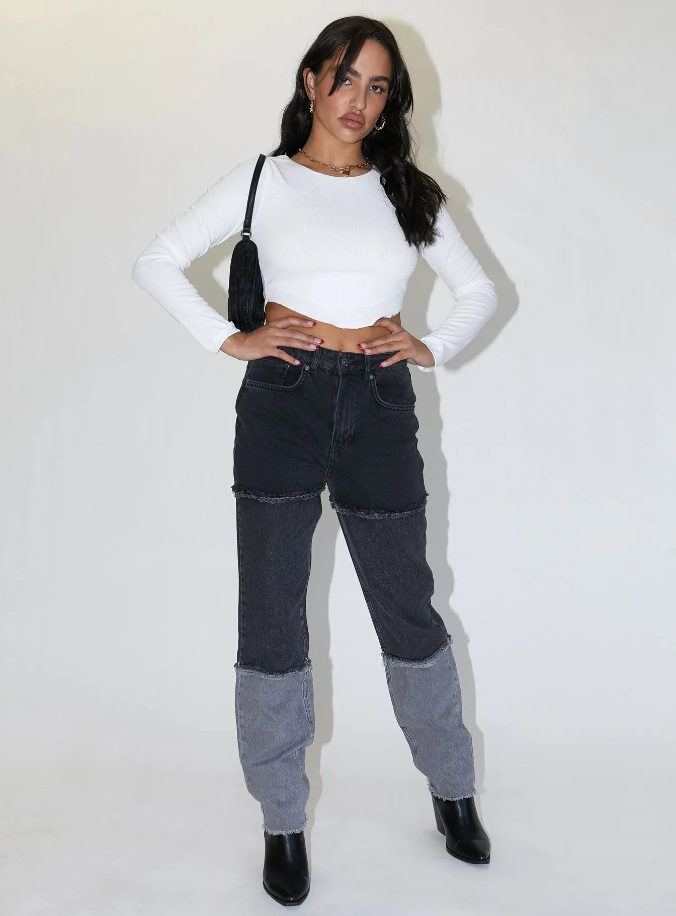 Modern Casual Cool Silhouette The Ragged Priest 3 Panel Ombre Black Mom Jean w/fray Seams