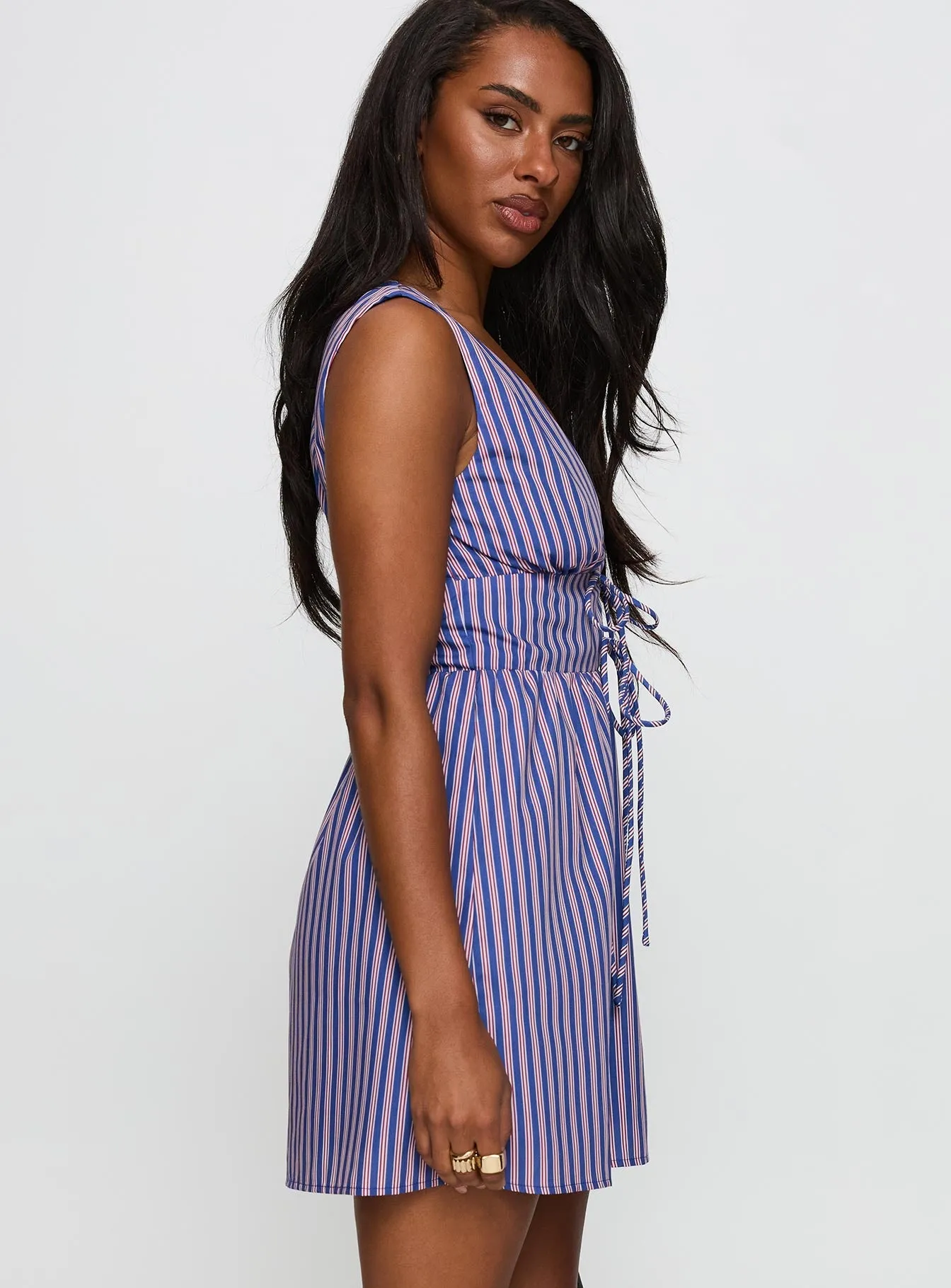 Pokey Mini Dress Navy Stripe Pleated Texture Effect