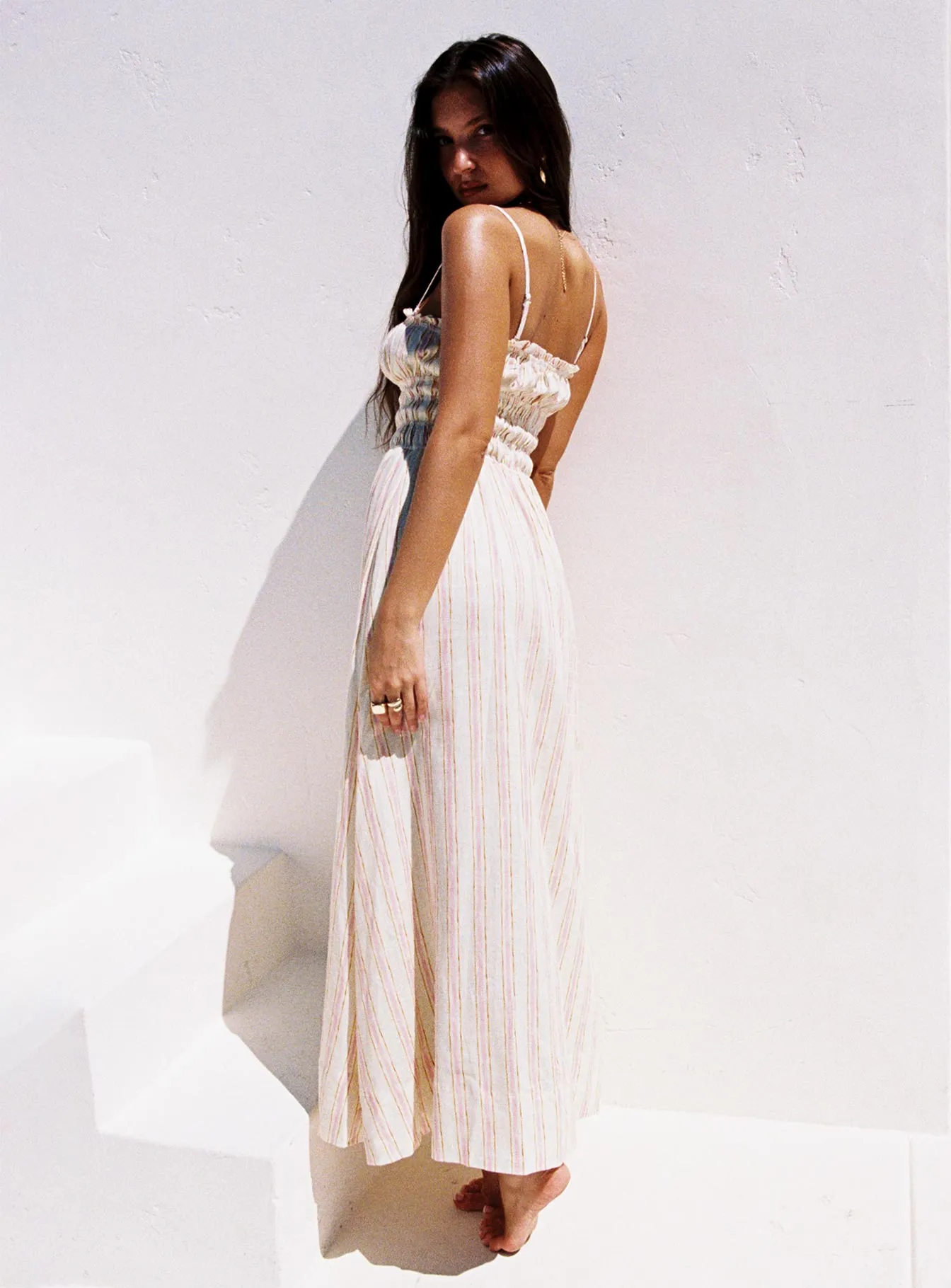 Blue Hour Persephone Shirring Linen Maxi Dress Pink Stripe