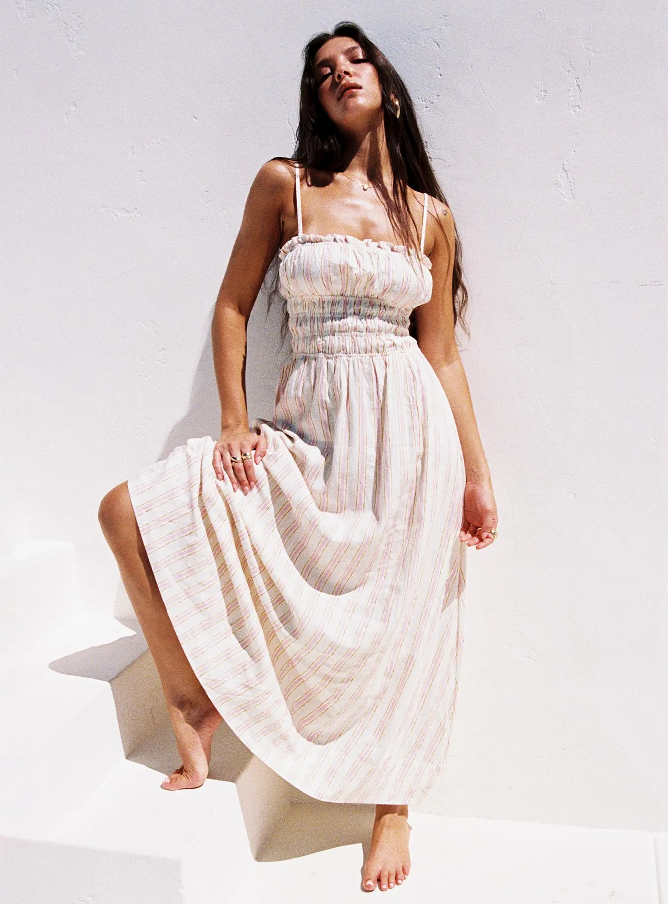 Spring Bloom Persephone Shirring Linen Maxi Dress Pink Stripe