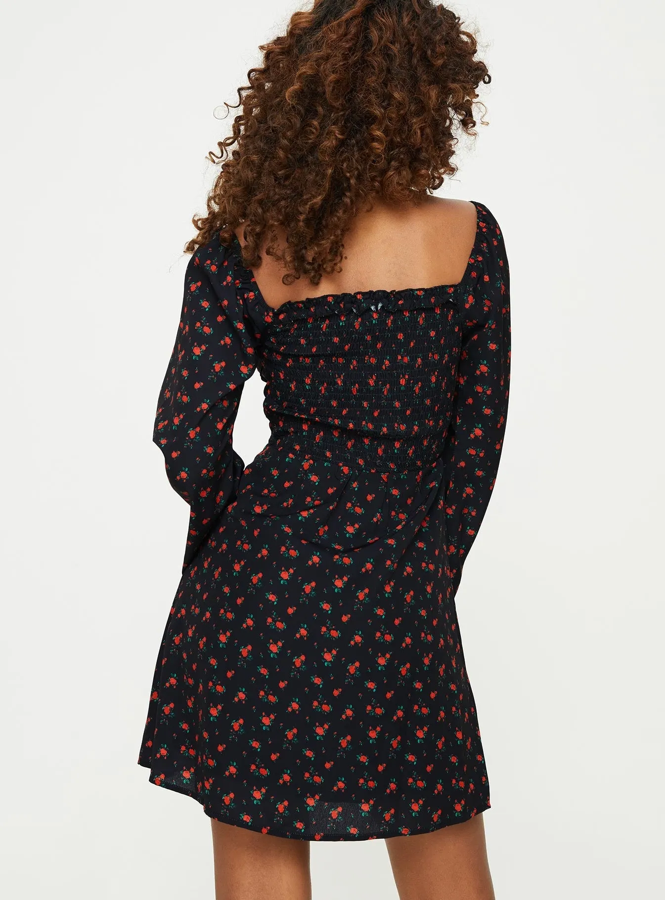 Relaxed Contour Love Birds Long Sleeve Mini Dress Black / Red Floral