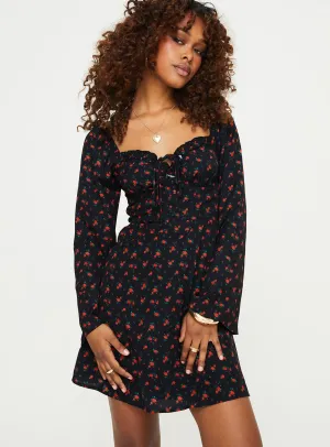 Weekend Comfort Love Birds Long Sleeve Mini Dress Black / Red Floral