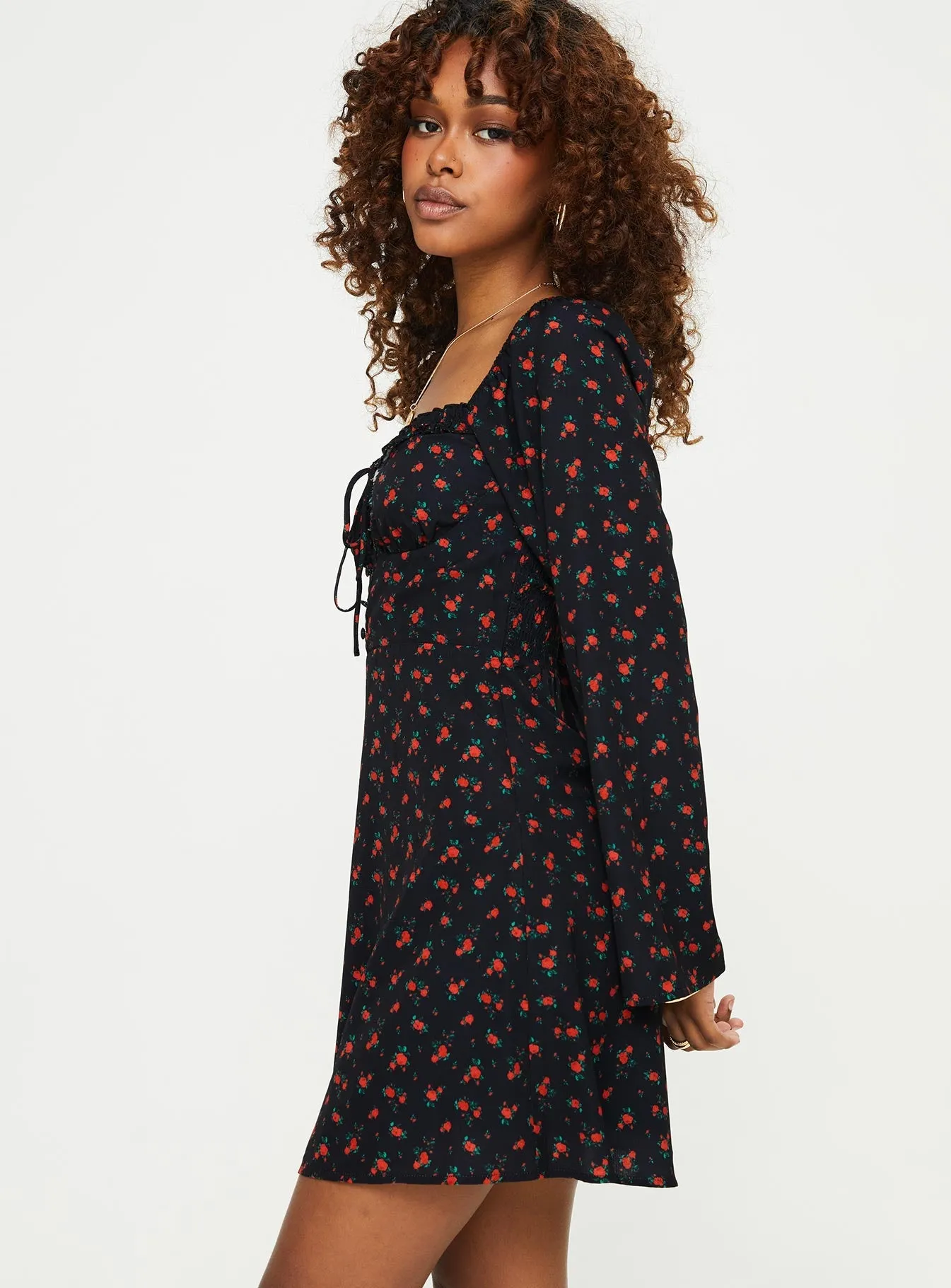 Love Birds Long Sleeve Mini Dress Black / Red Floral Day To Night