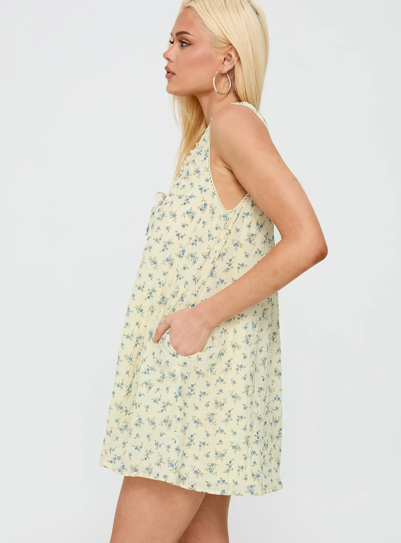 Antiquity Swing Mini Dress Yellow / Blue Floral Club Star Eco Friendly Dye