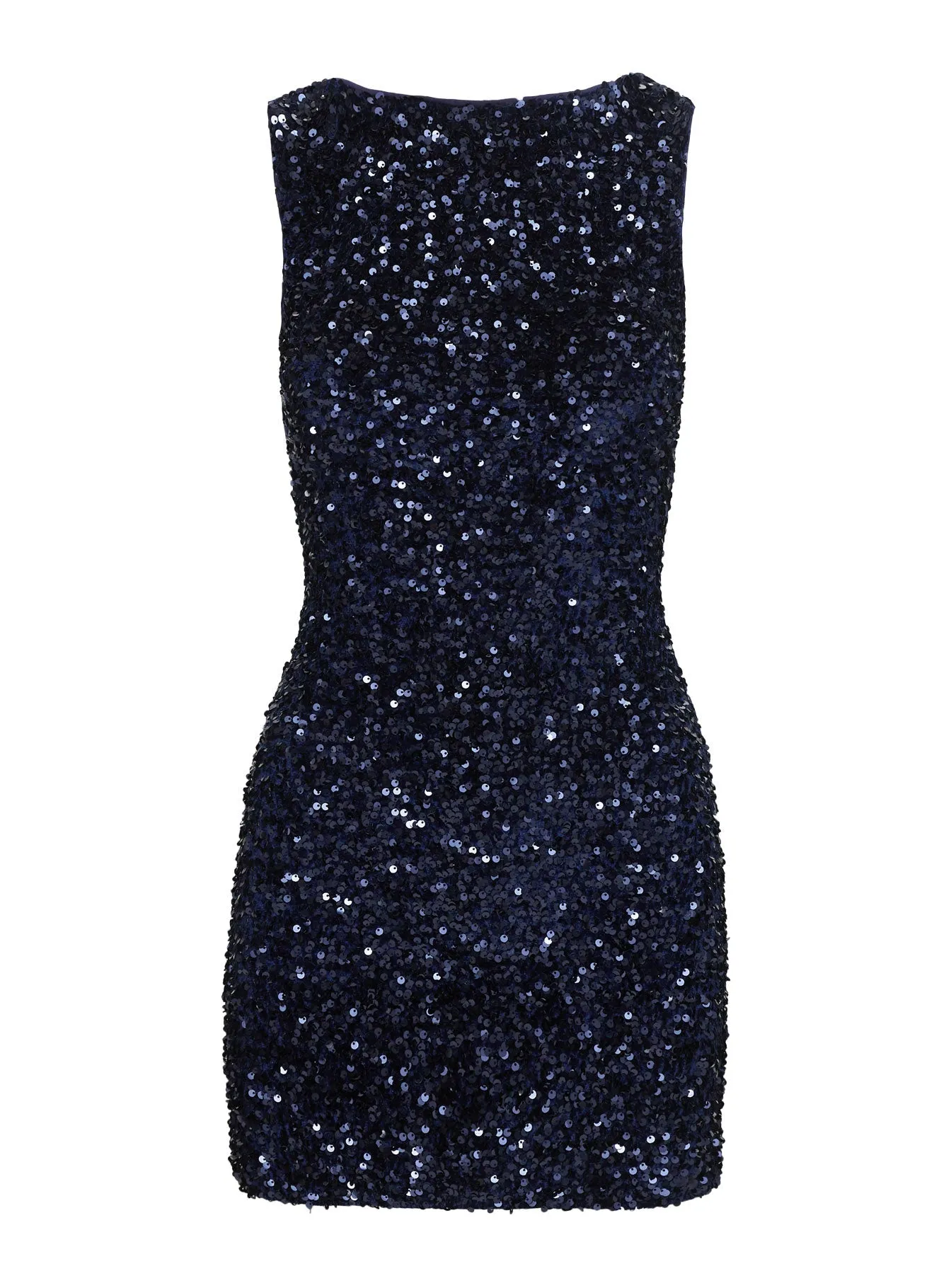 Cinematic Sequin Mini Dress Navy and Versatile evening mini dress. Relaxed-fit mini gown