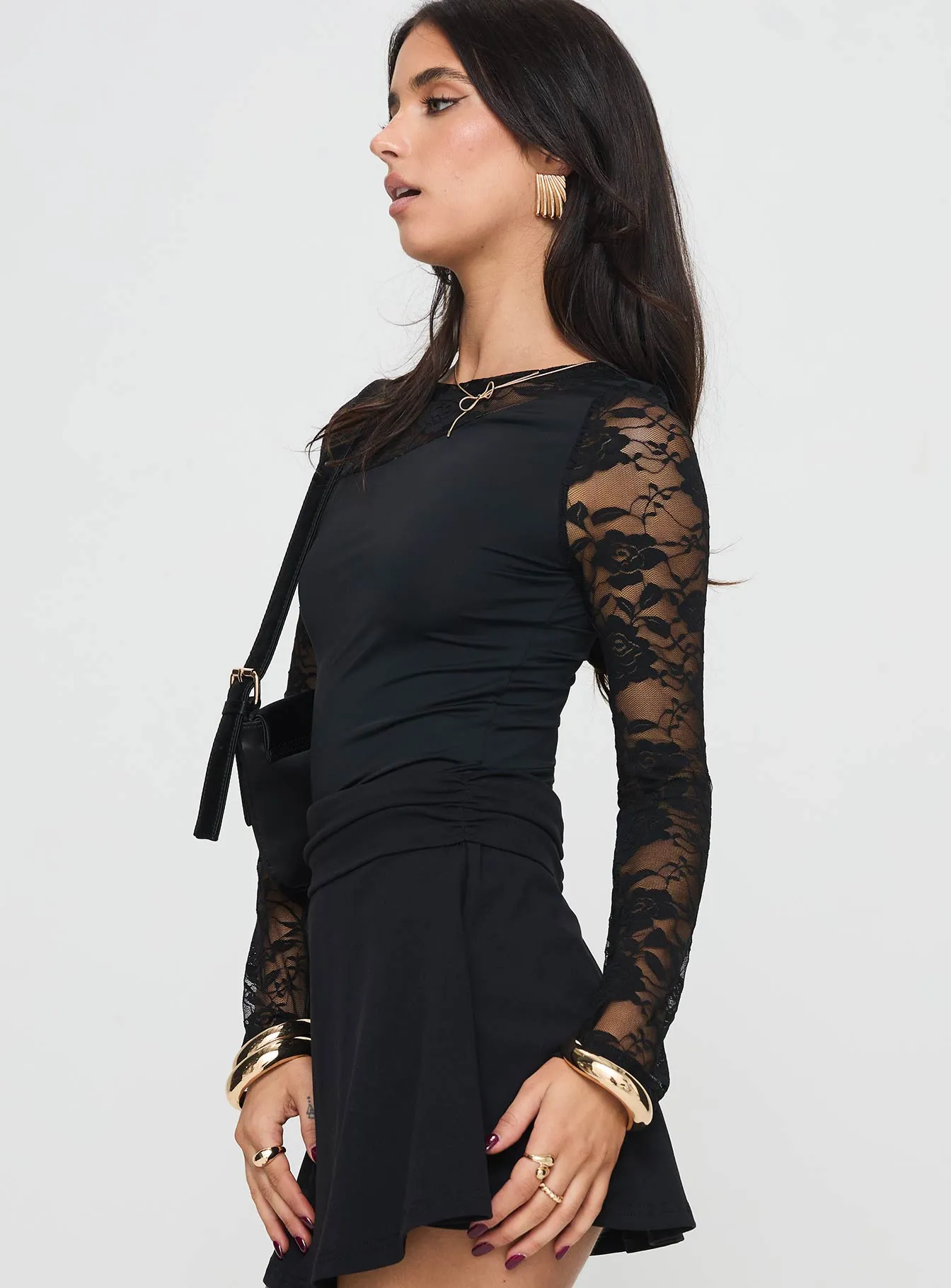 Good Nights Lace Long Sleeve Bodysuit Black Premium Training Premium Loose