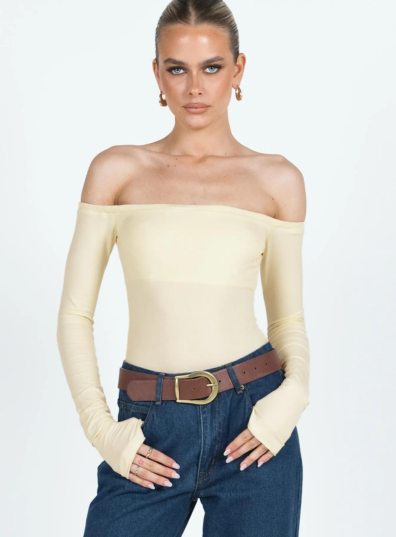 Work Office Weaver Off Shoulder Bodysuit Cream