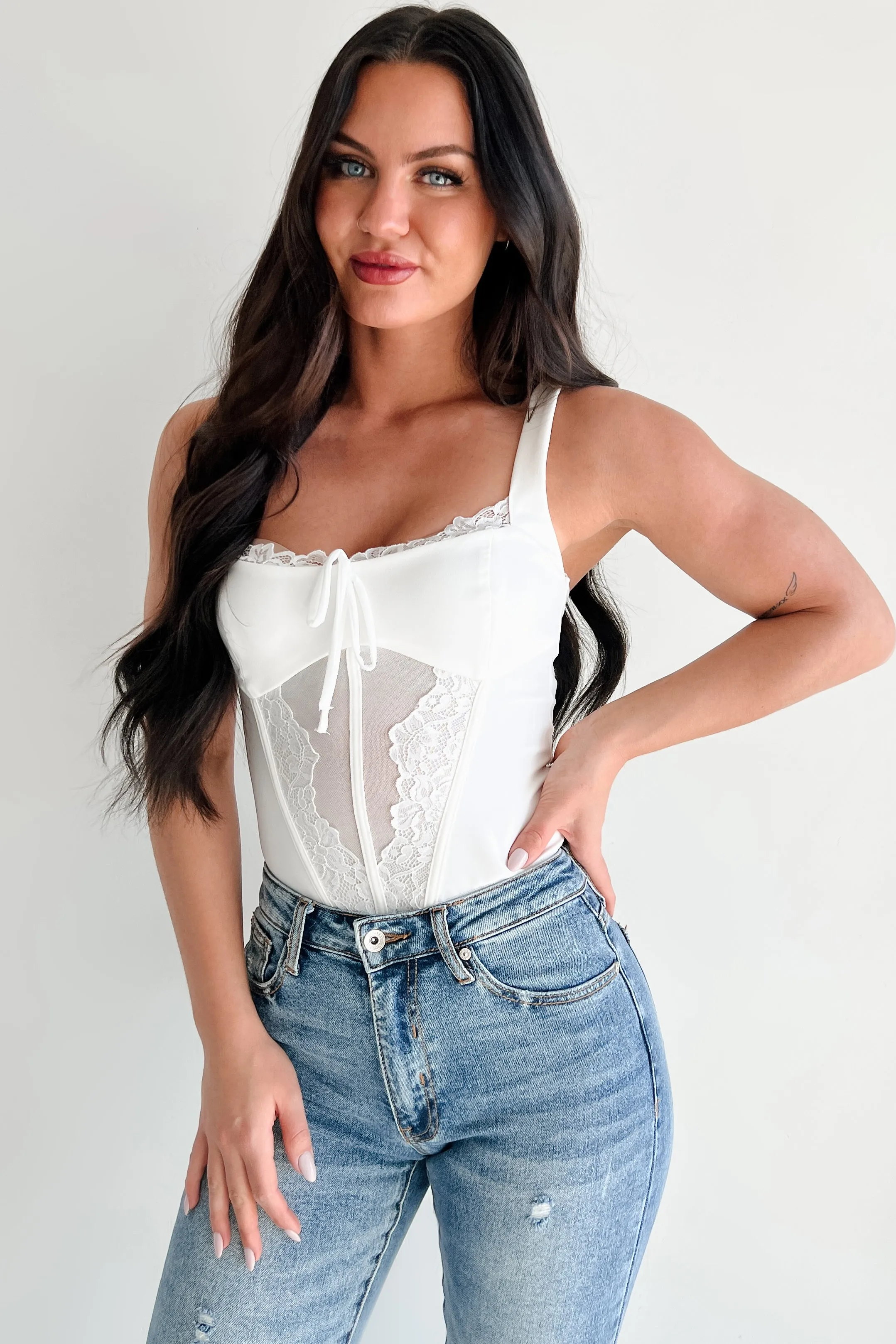 Totally Hooked Sleeveless Lace Bodysuit (White) novice soldiers