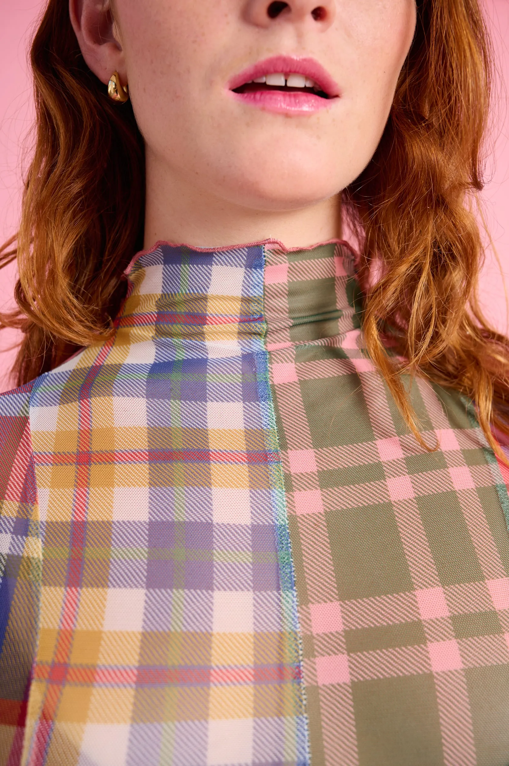 Panelled Mesh Dress with Polo Neck in Multi Check StretchFit