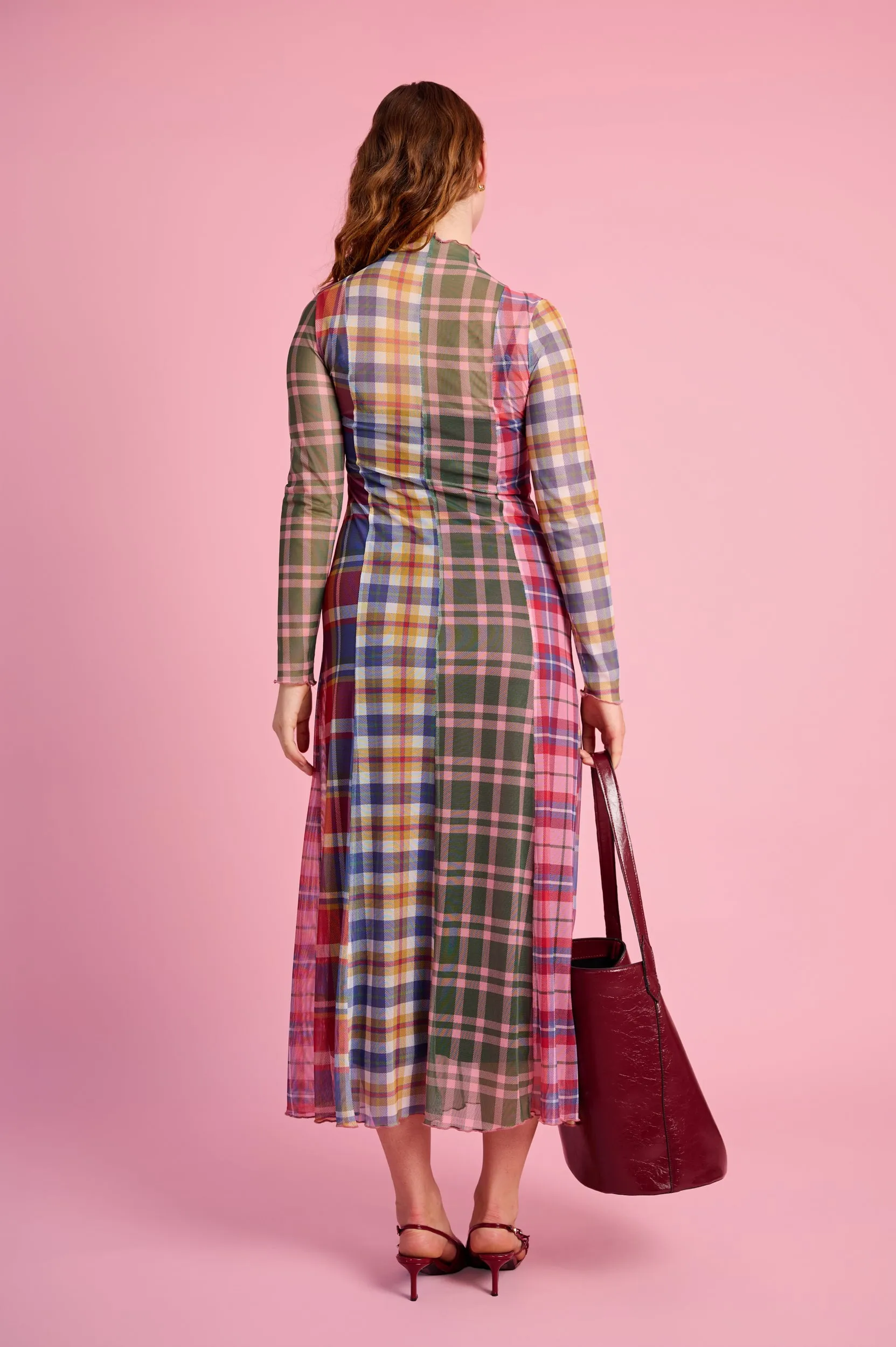 LightweightKnit Panelled Mesh Dress with Polo Neck in Multi Check