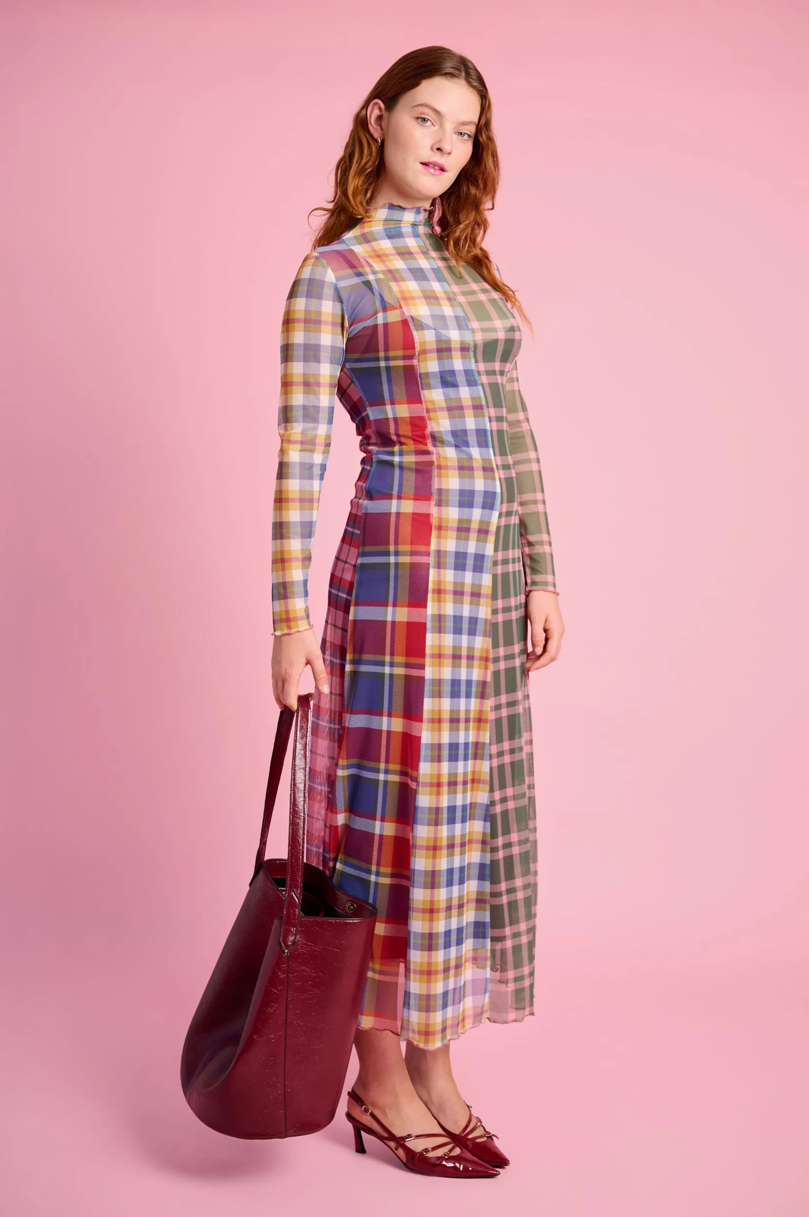 Panelled Mesh Dress with Polo Neck in Multi Check AntiPillingCloth Soul Ease