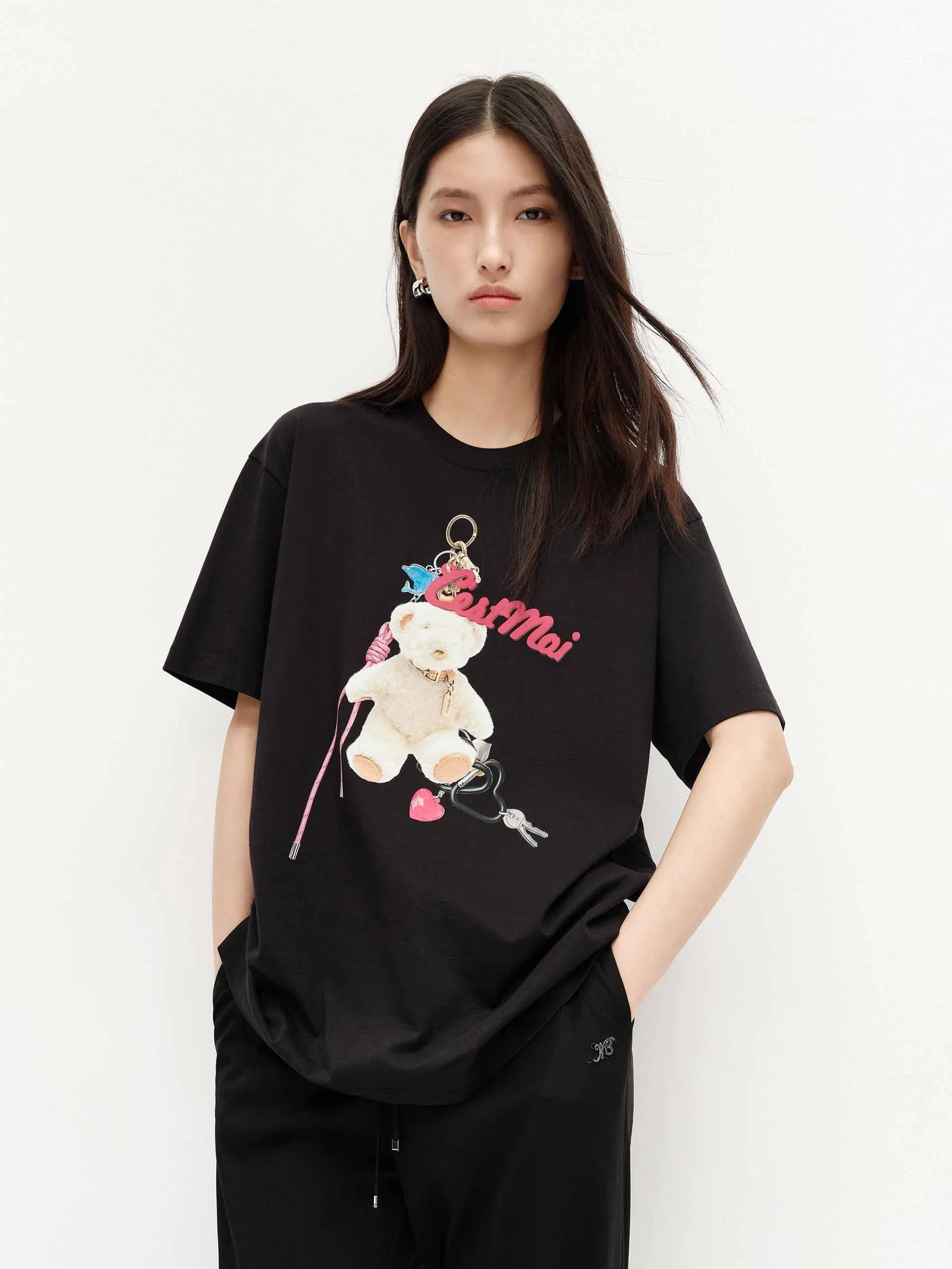 Camping practicality Party fun Front Bear Print Cotton T-shirt