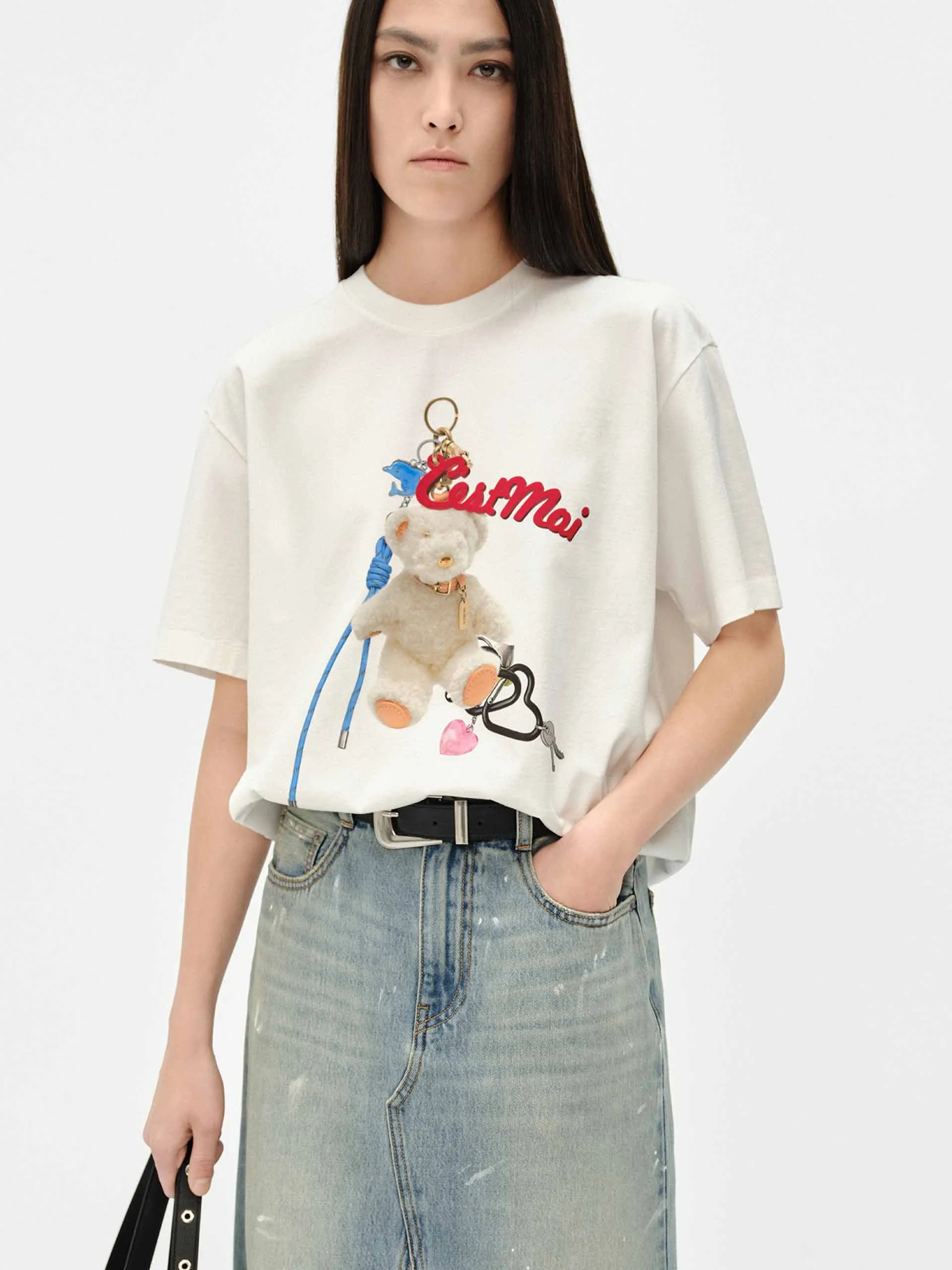 Versatile Trend Front Bear Print Cotton T-shirt