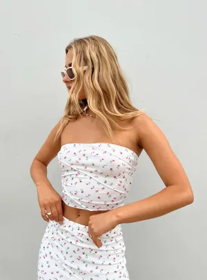 Oscar Strapless Top White Floral WaterResistantCoating CrewNeck