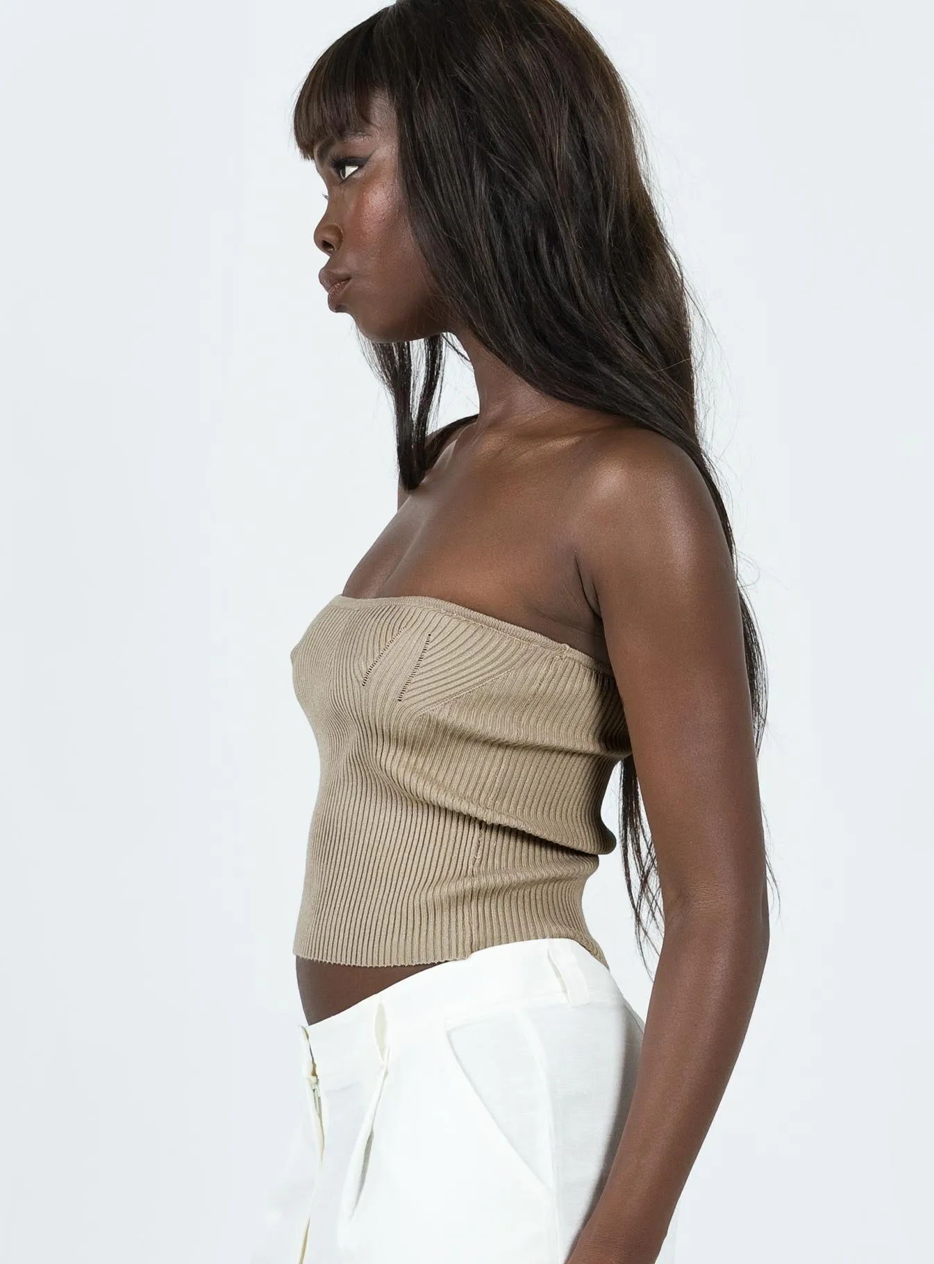 Layered Neckline Contrast Stitch Accent Milner Tube Top Beige