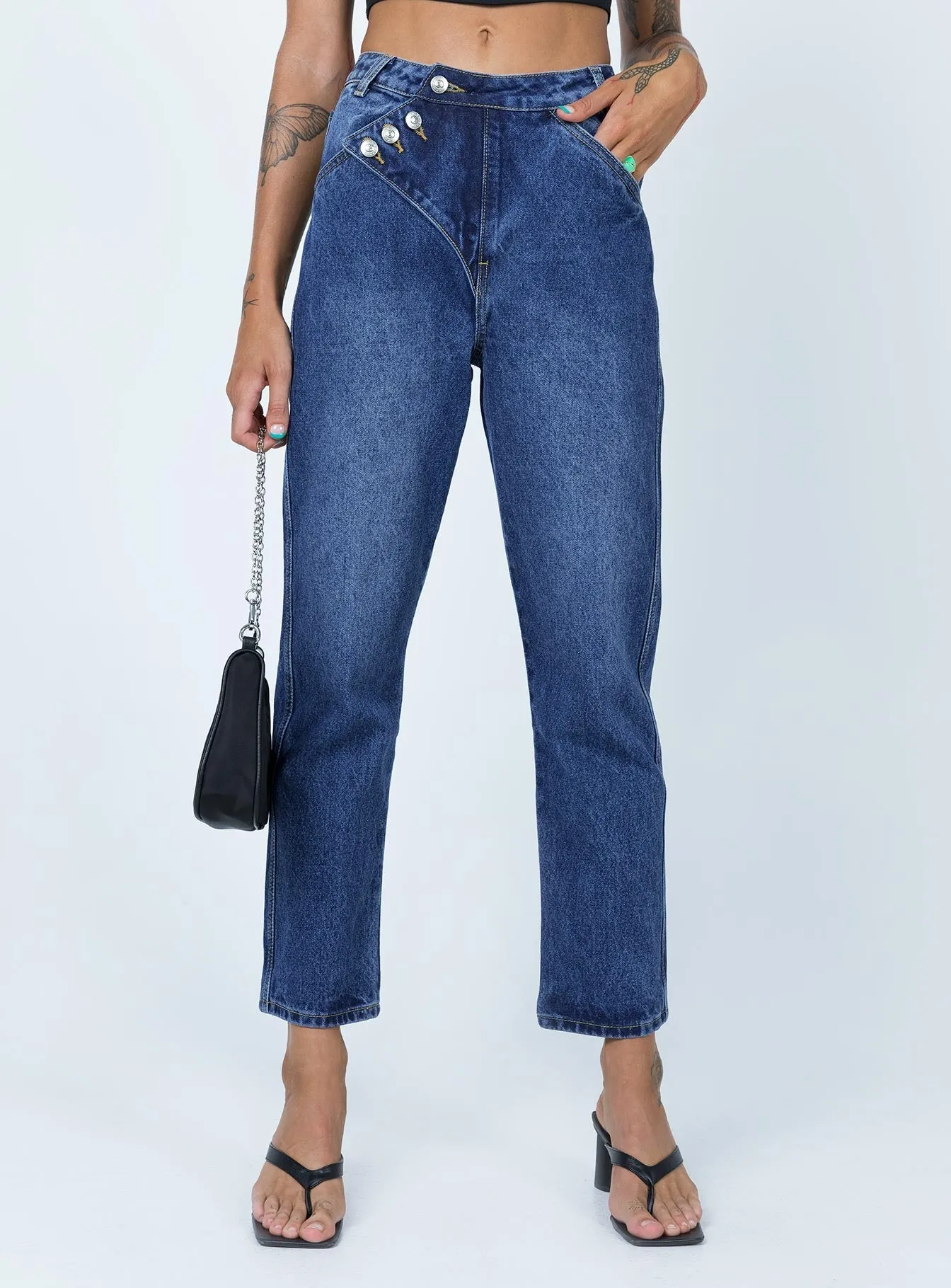 Asymmetric Exposed Button Fly Mid Wash Mom Jeans Traveler Gear Earthy Outdoor Enthusiast Sunny Vibes Teen Outfit