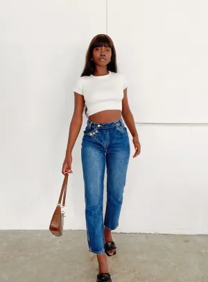 Asymmetric Exposed Button Fly Mid Wash Mom Jeans Traveler Gear Luxury Classic Appeal
