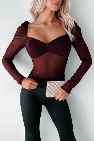 Easy To Remember Rhinestone Mesh Bodysuit (Dark Cherry) Artistic - appealing Reinforced Hem