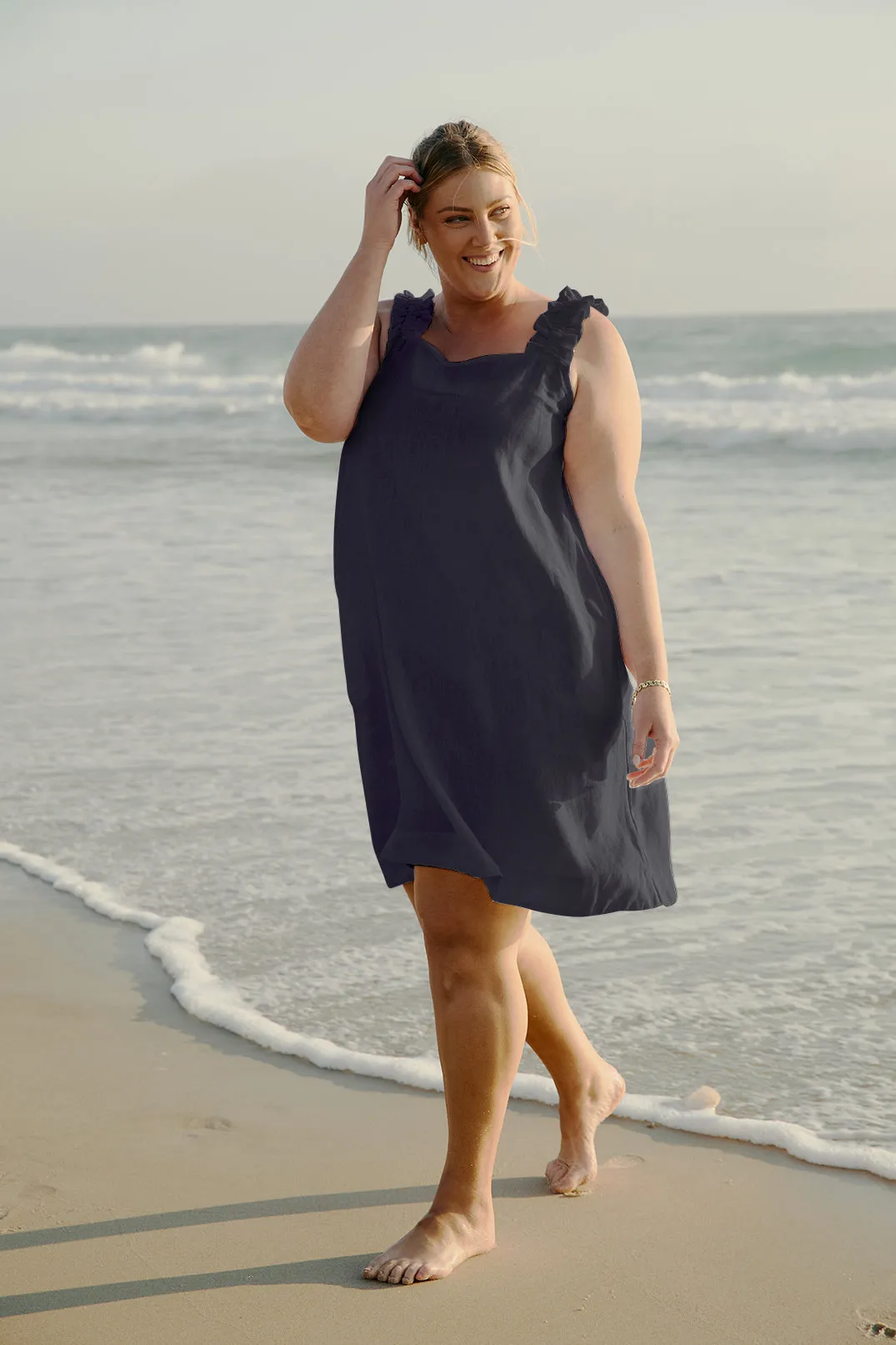 Claire Short Linen Dress in Navy Classic Mode