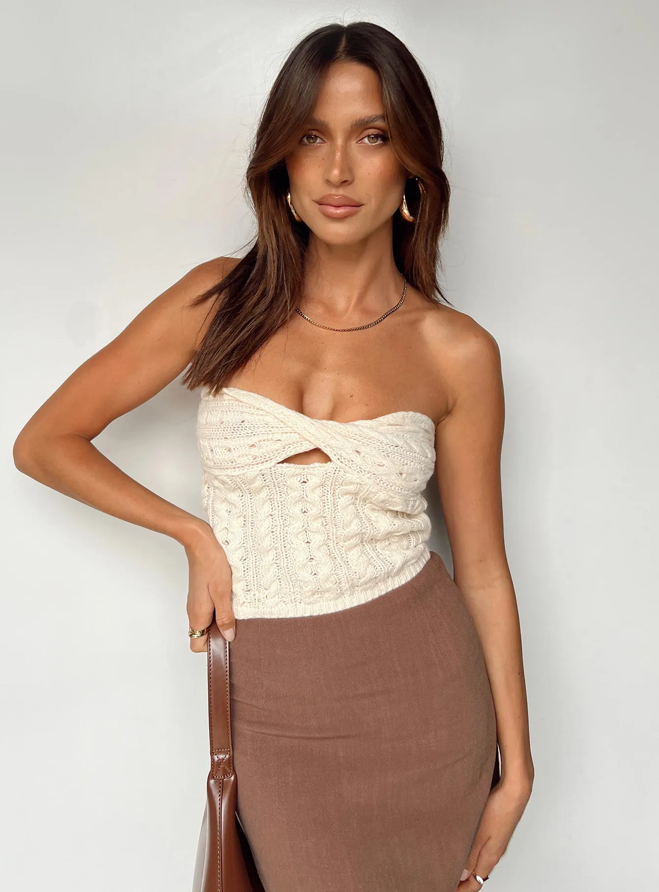 All Season Wear Fabric Chels Strapless Knit Top Cream