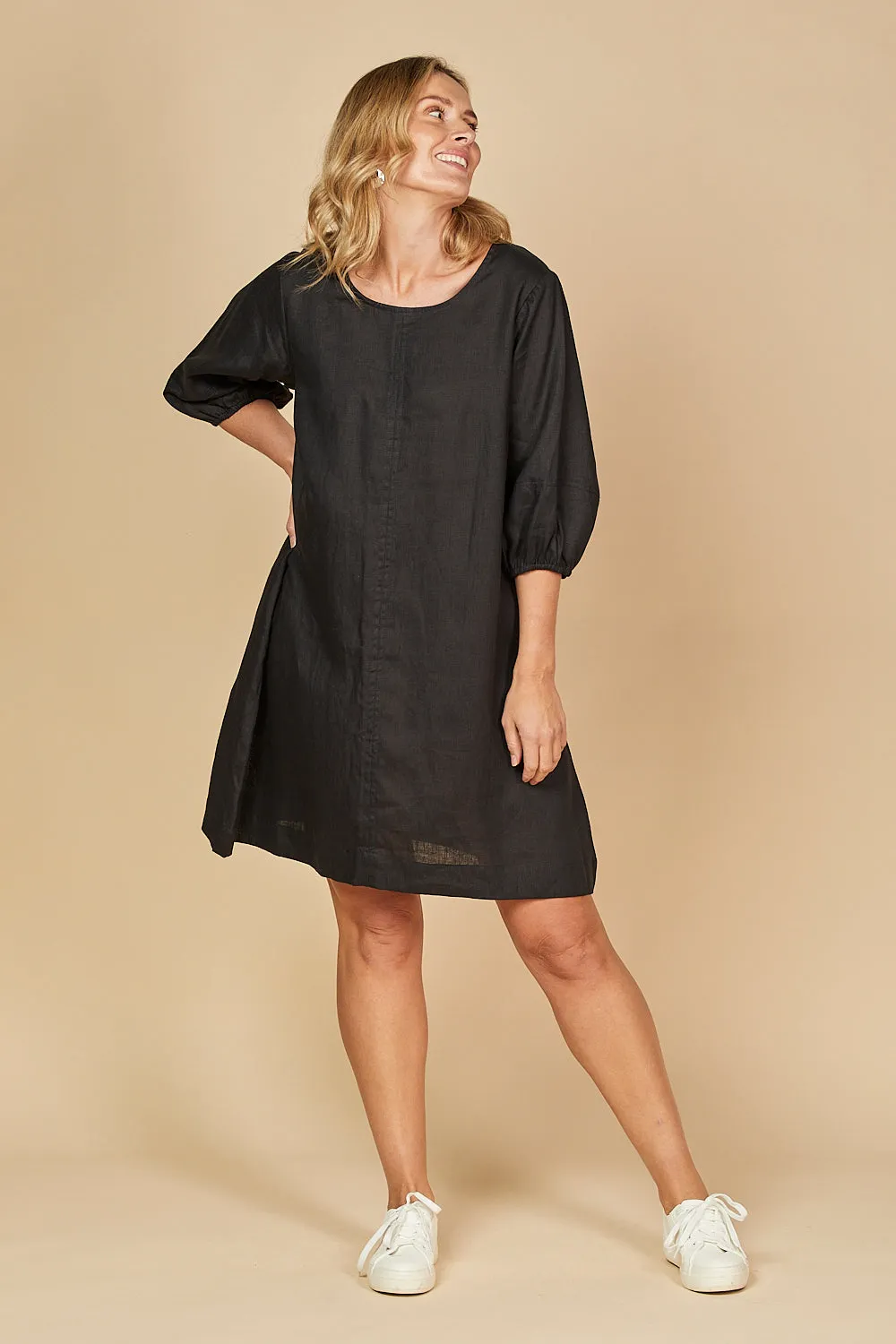 Opaque Tone Flex Fit Hazel Short Linen Shift Dress in Black