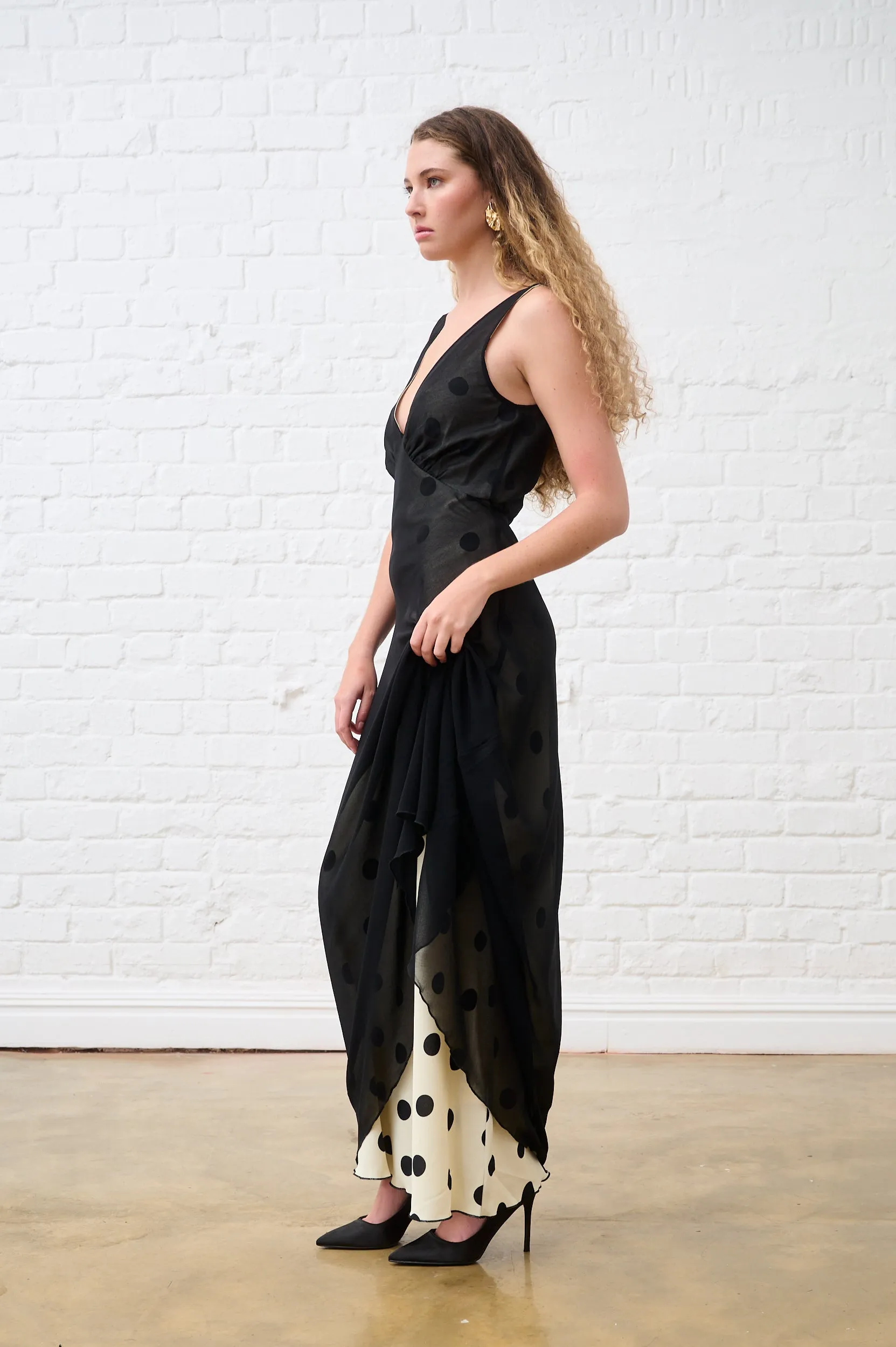 Flex Fit Sheer Overlay Spot Bias Maxi Dress