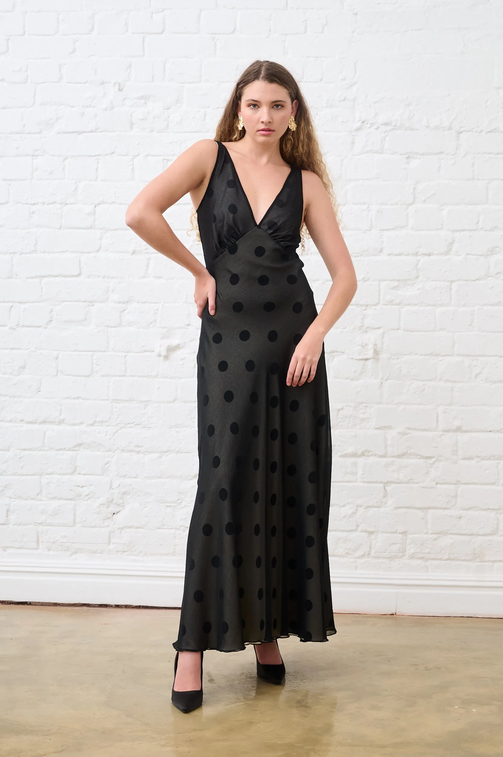 Sheer Overlay Spot Bias Maxi Dress Icon Fit StretchComfort