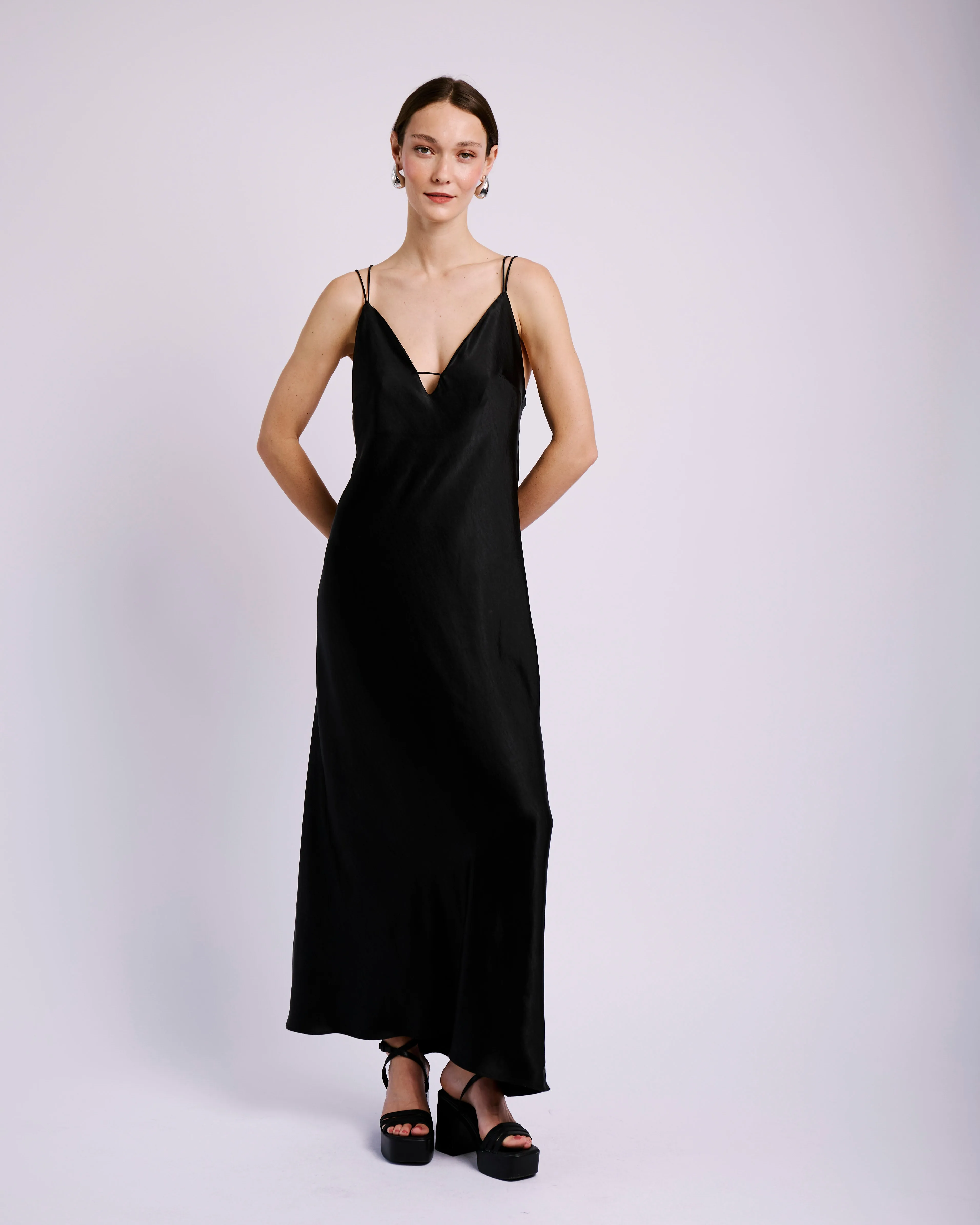 Country Core EcoCertifiedTextile Shock Cord Slip Dress  in Black