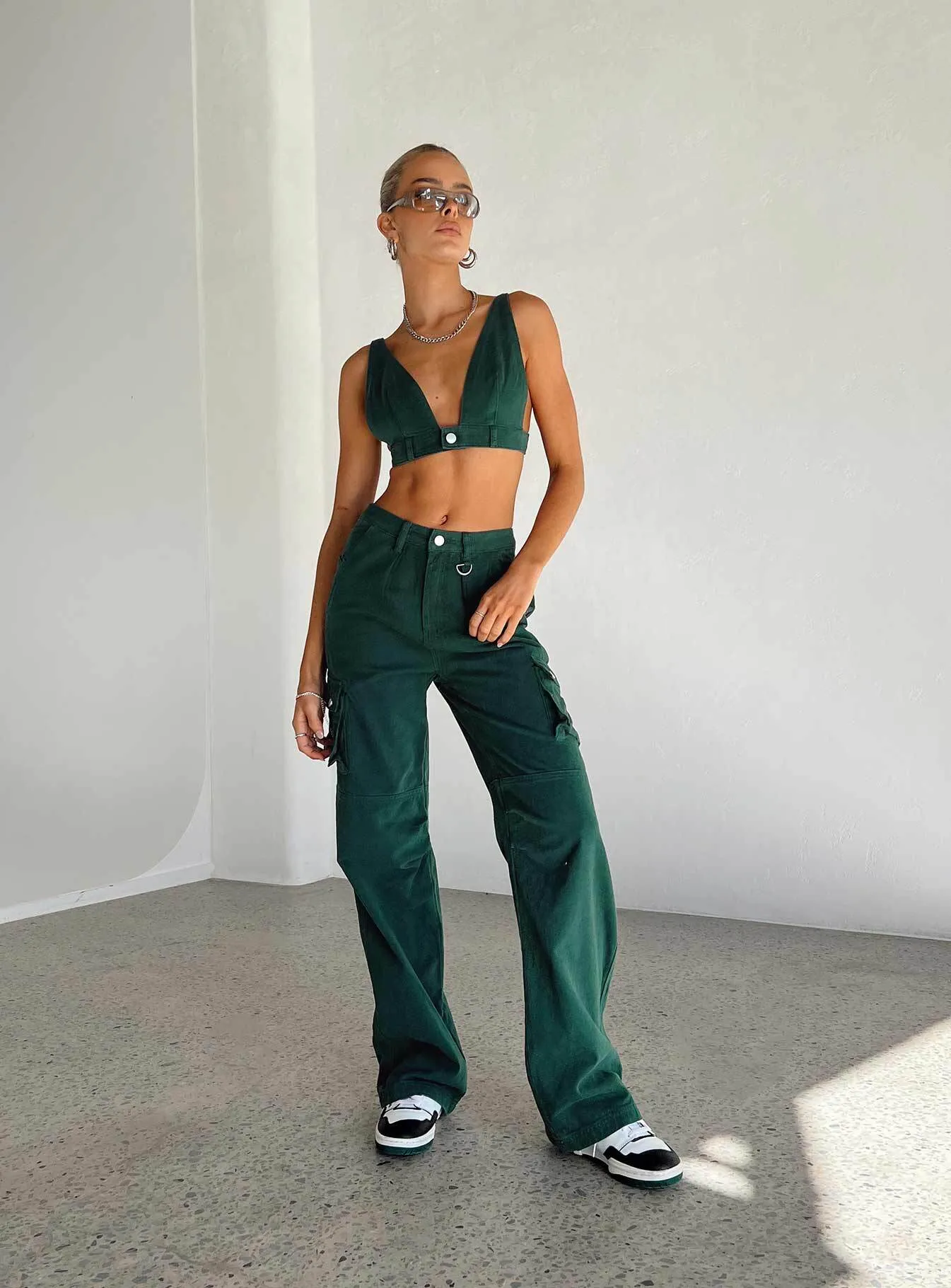 Staple Piece Four Way Stretch Fabric Paige Mid Rise Cargo Jean Denim Green