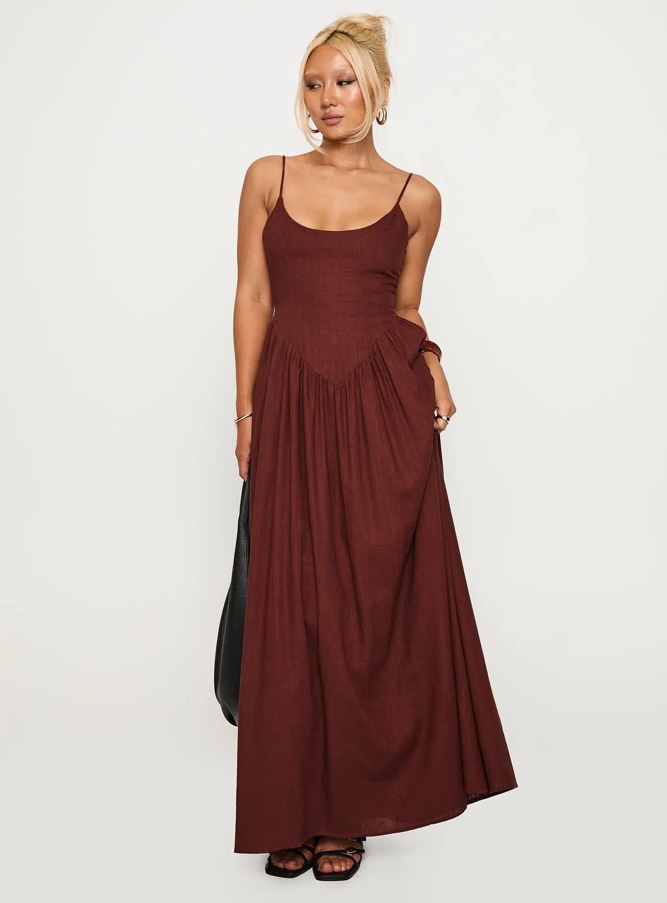 Pearl Glow Lantern Glow Palisades Tie Up Maxi Dress Brown