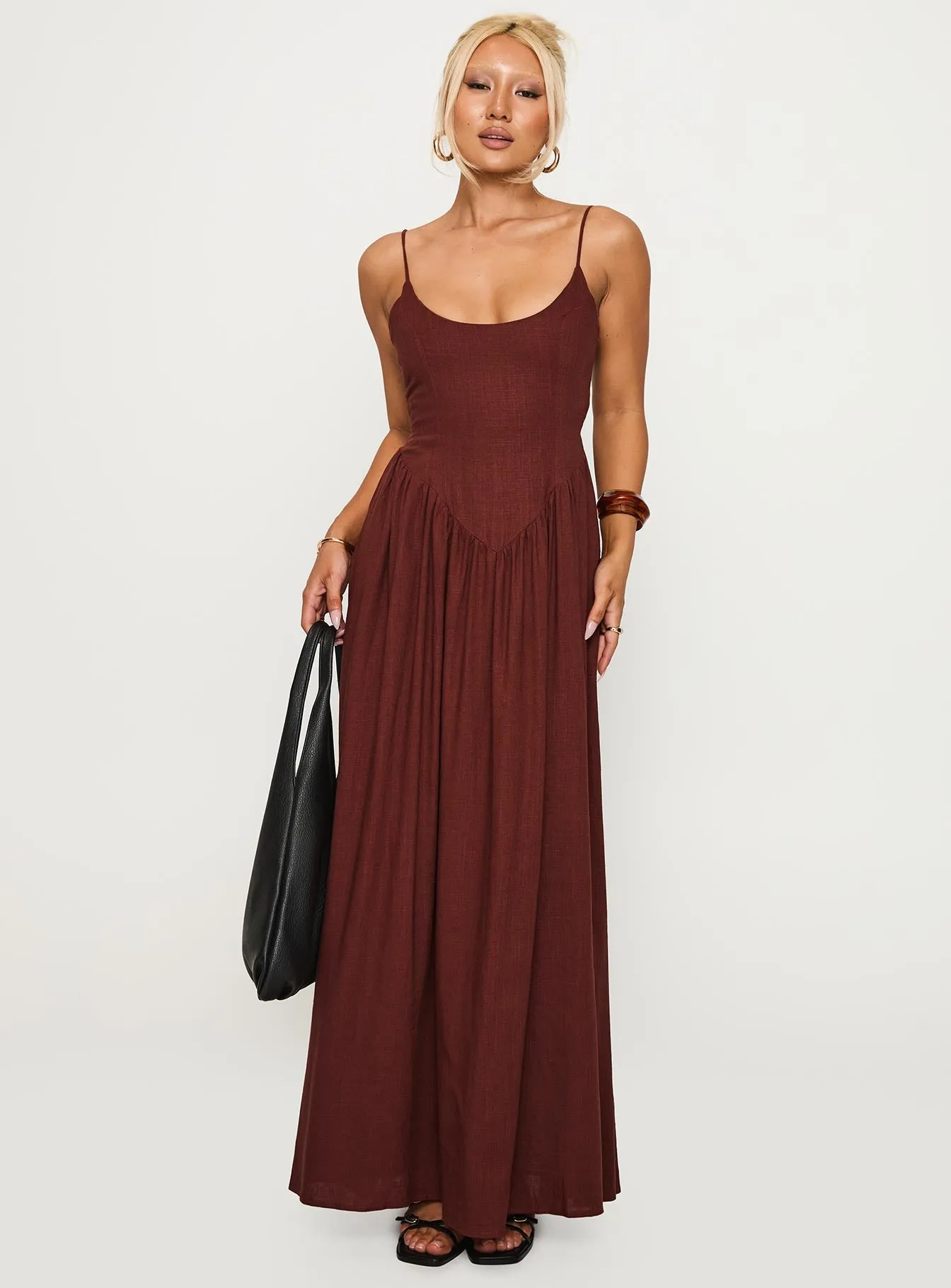 Metal Shine Sunrise Bay Palisades Tie Up Maxi Dress Brown