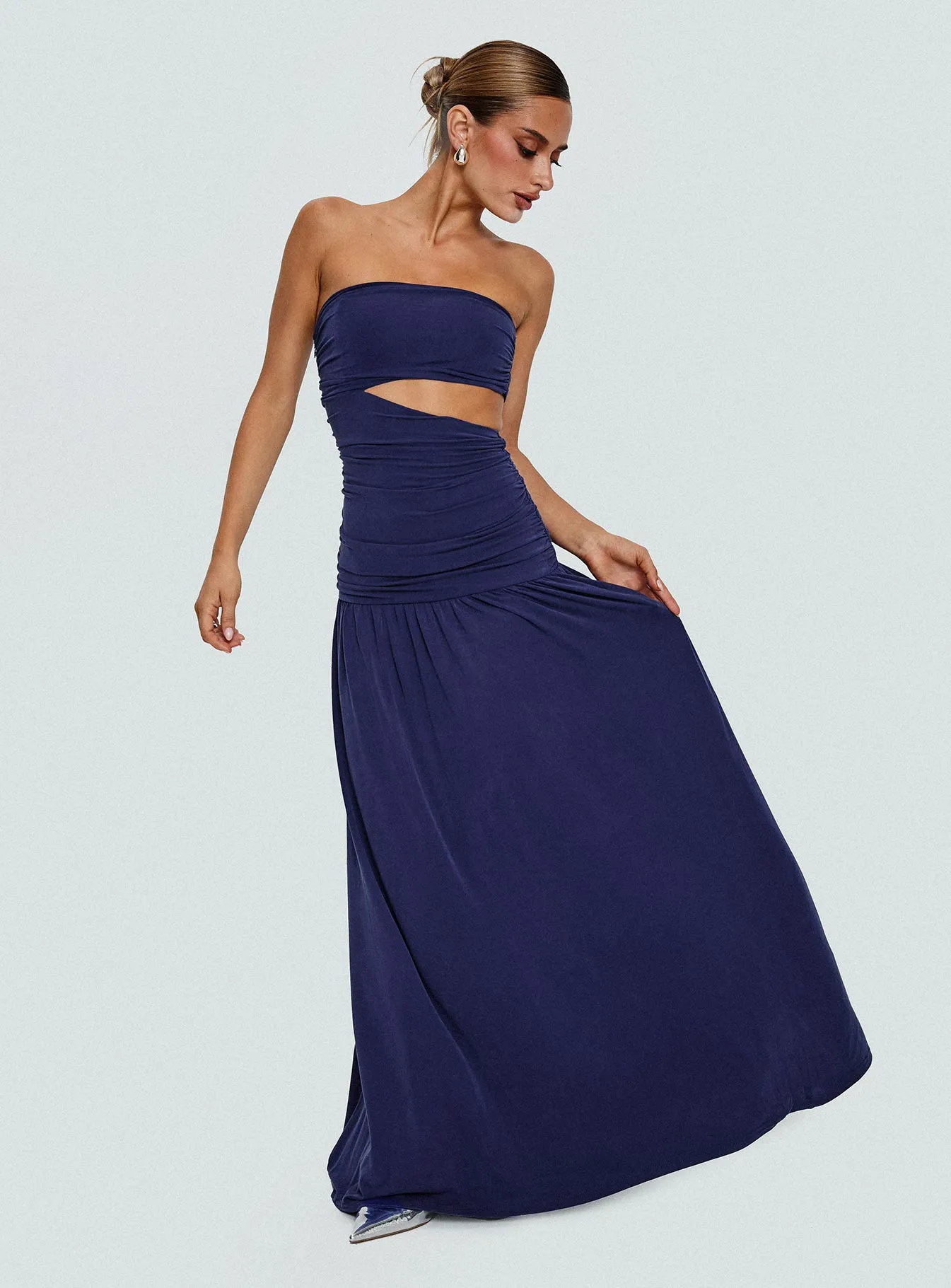 Grandeur Strapless Maxi Dress Navy Beige Glow Frill Edge