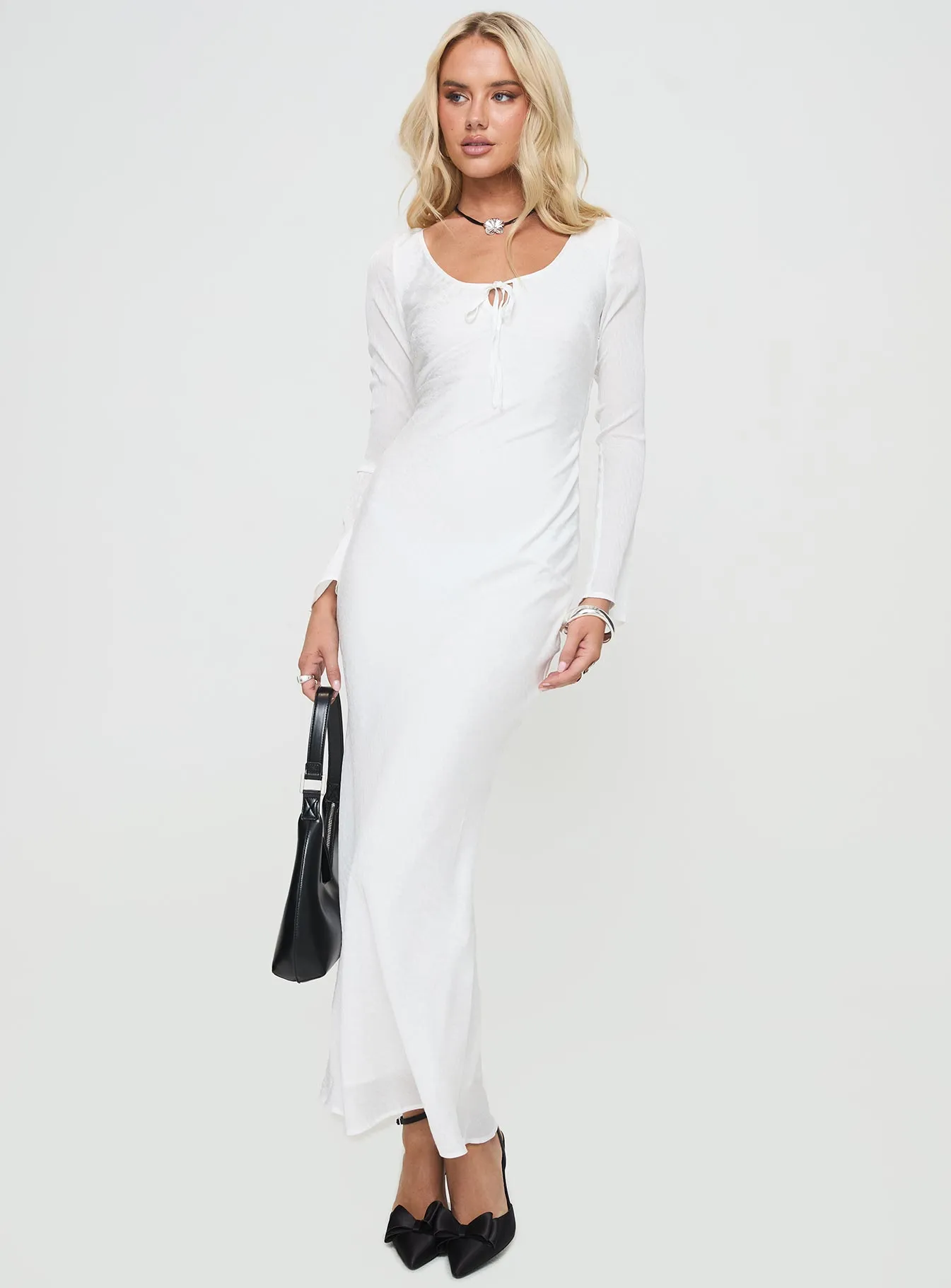 Sorento Long Sleeve Bias Cut Maxi Dress White Silver Glow Country Glow