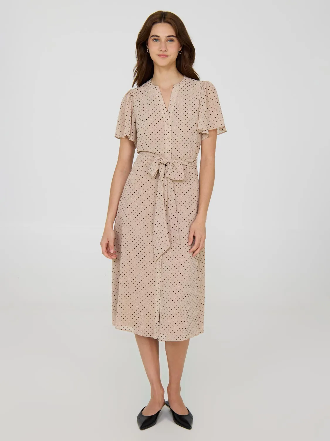 Flattering wear Vintage Lover Polka Dot Split Neck Chiffon Midi Dress