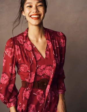 Casual Elegance Relaxed summer midi Brooke Tie Neck Tea Dress-Cranberry Red, Delicate Vine