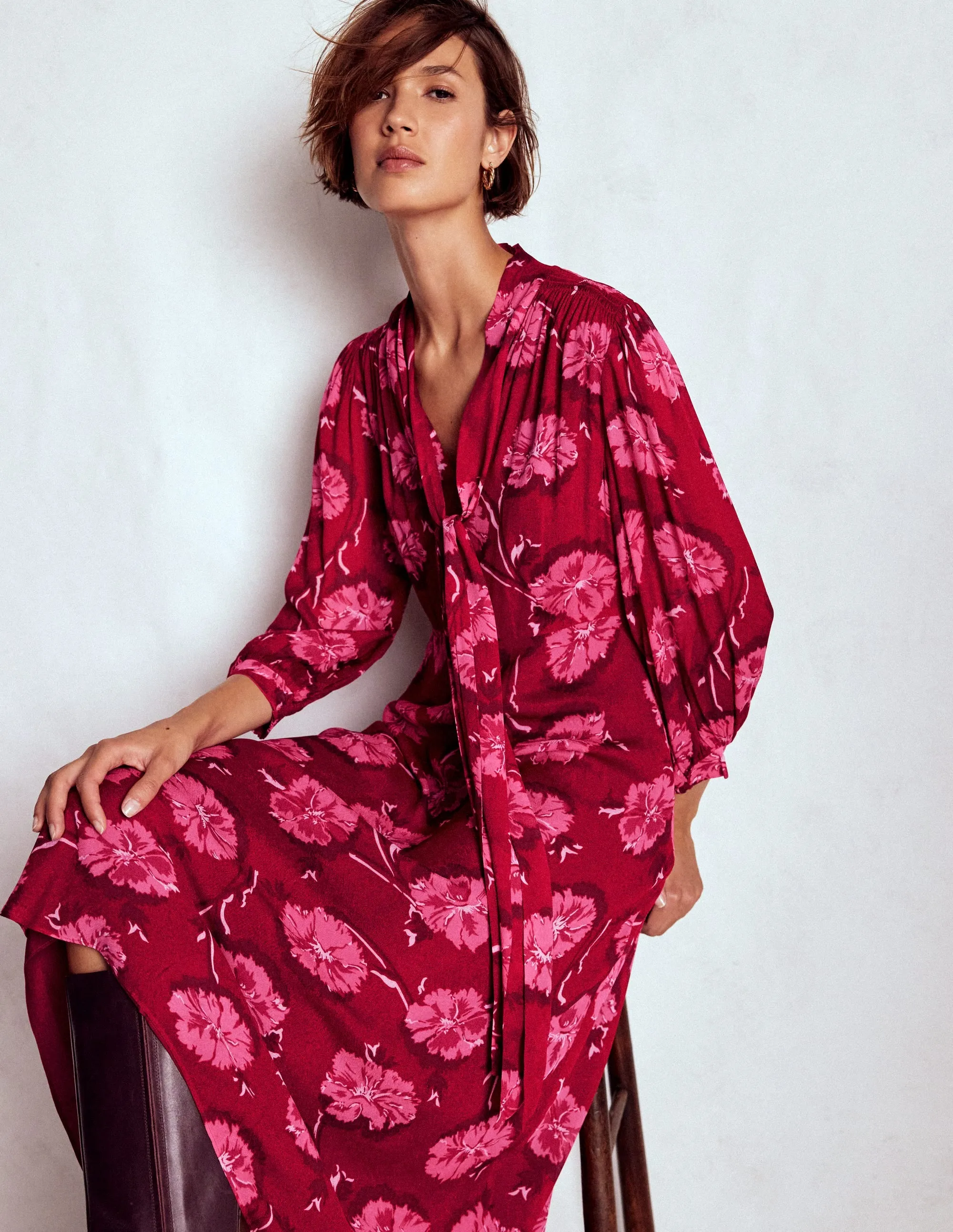 Brooke Tie Neck Tea Dress-Cranberry Red, Delicate Vine laid-back style Sophisticated Style