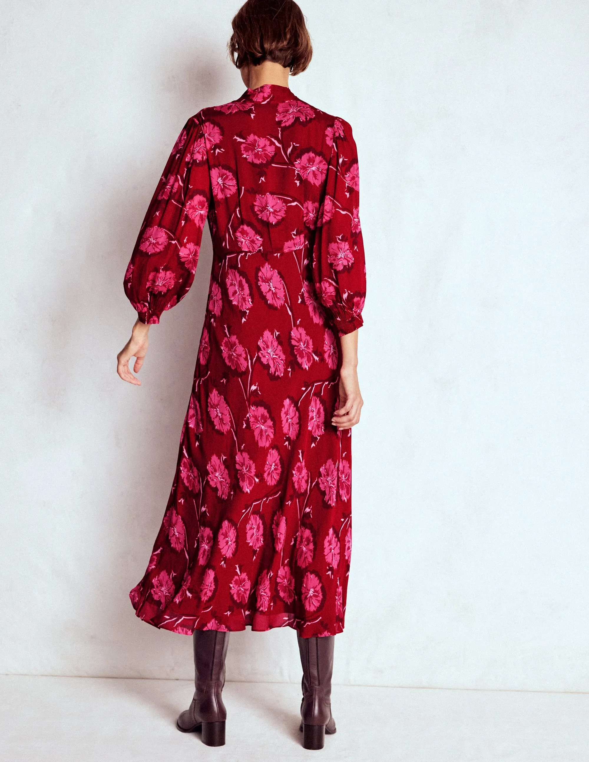 Weekend Wear Dance Floor Brooke Tie Neck Tea Dress-Cranberry Red, Delicate Vine