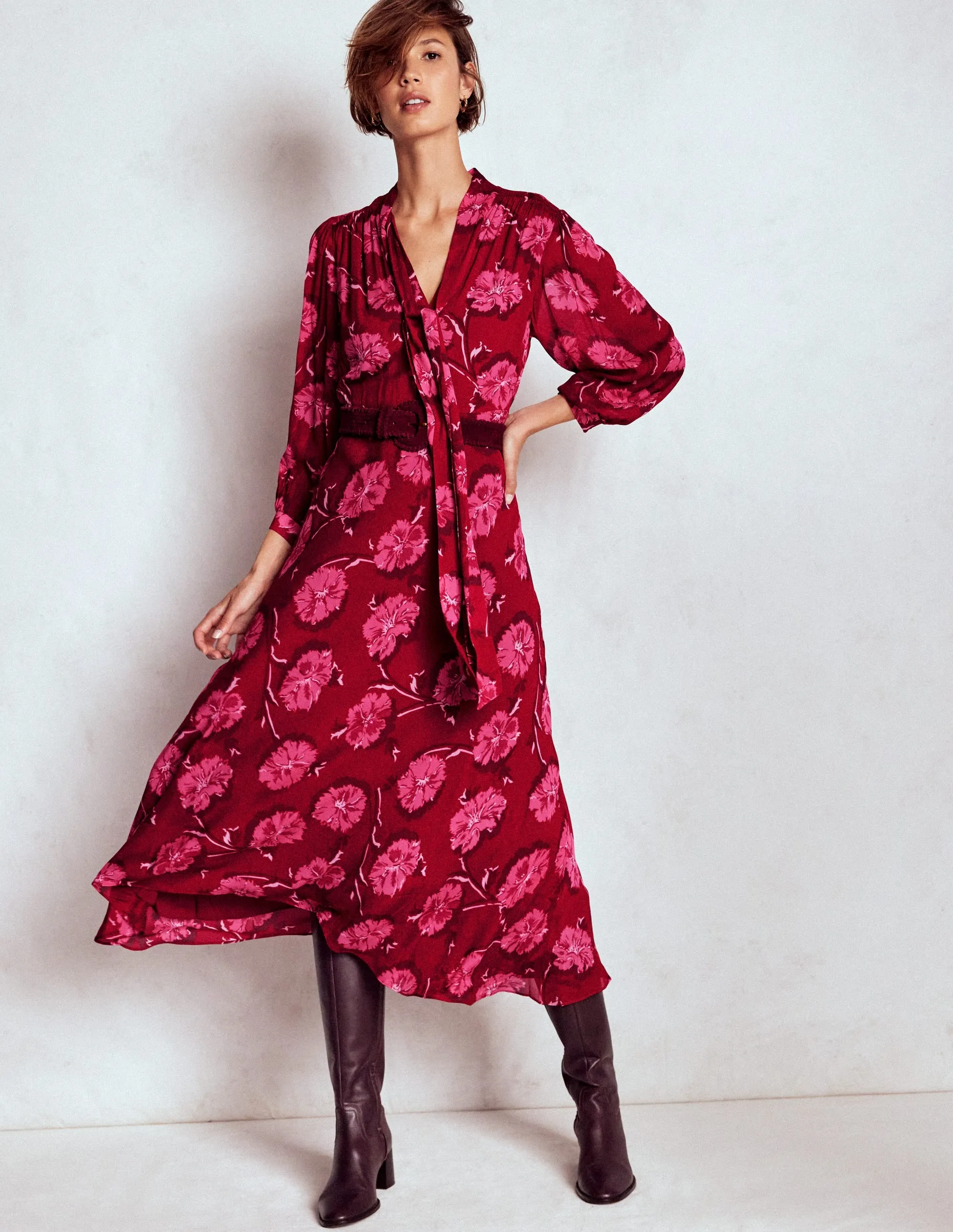 Trendy versatile dress Brooke Tie Neck Tea Dress-Cranberry Red, Delicate Vine