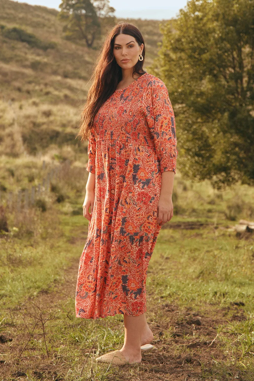 Minden Shirred Dress in Crimson Haze All Day Comfort Stylish dress for garden party