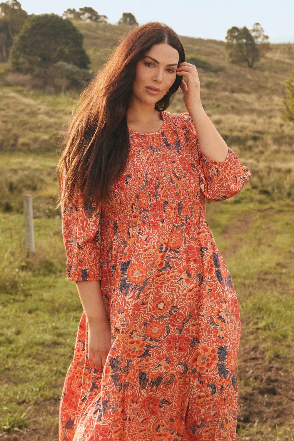 Minden Shirred Dress in Crimson Haze Road Trip Body Confident