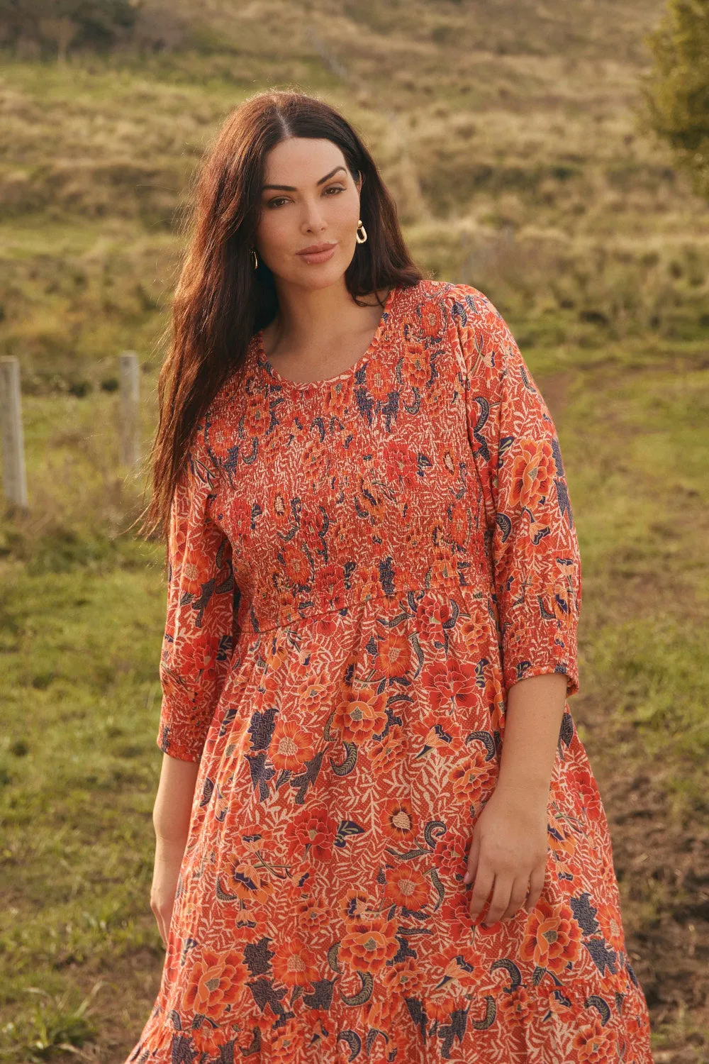Minden Shirred Dress in Crimson Haze Day to Night Design Low Effort
