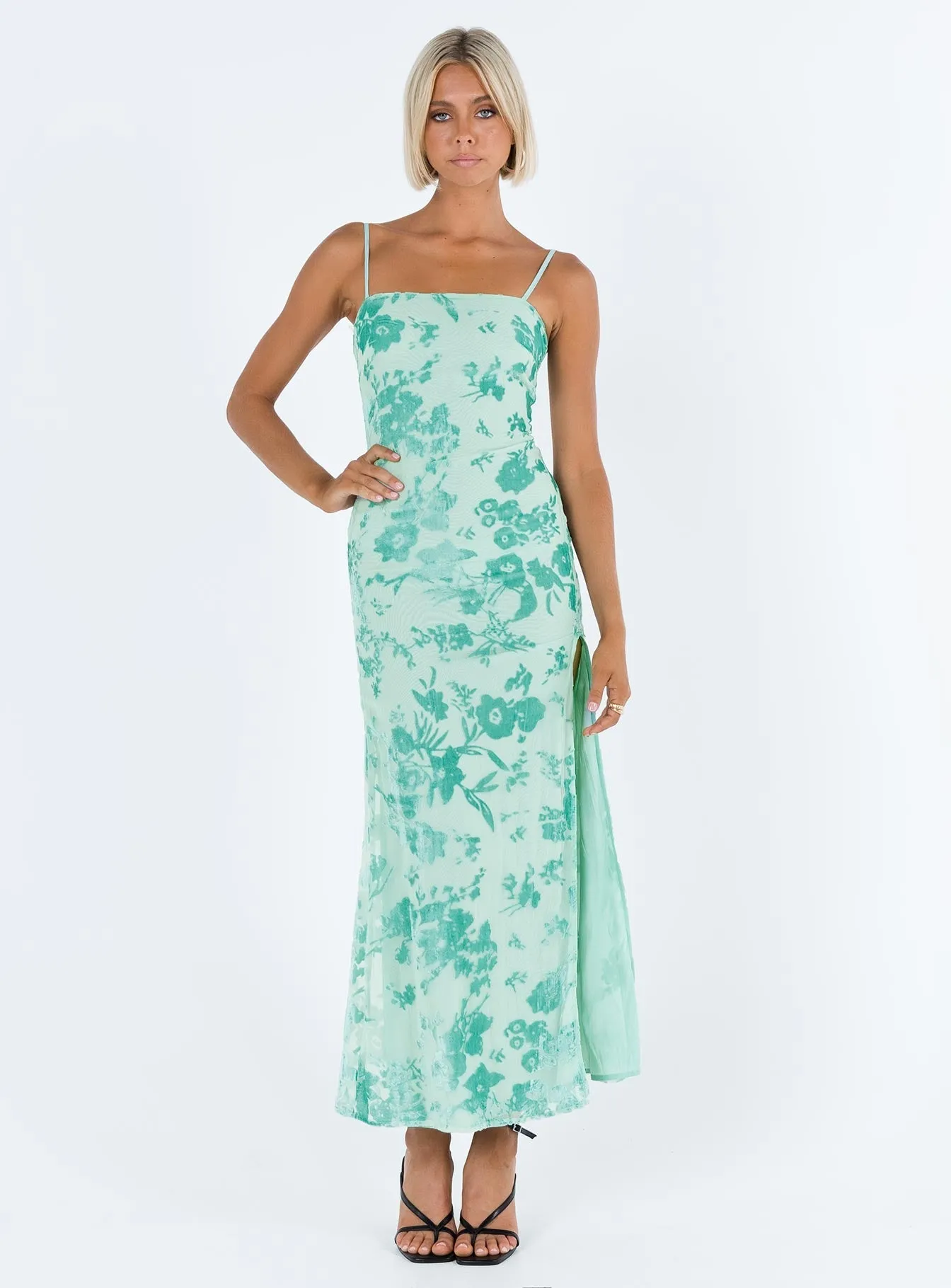 Pastel tone Burn Out Velvet Maxi Dress Teal