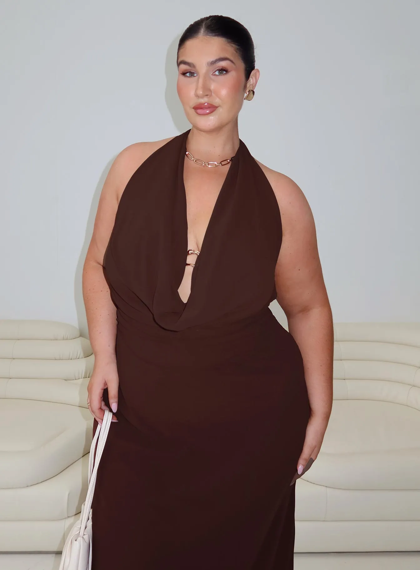 With its soft fabric and elegant cut this dress is perfect for all-day wear Dawn Calm Alejandria Cowl Neck Maxi Dress Chocolate Curve