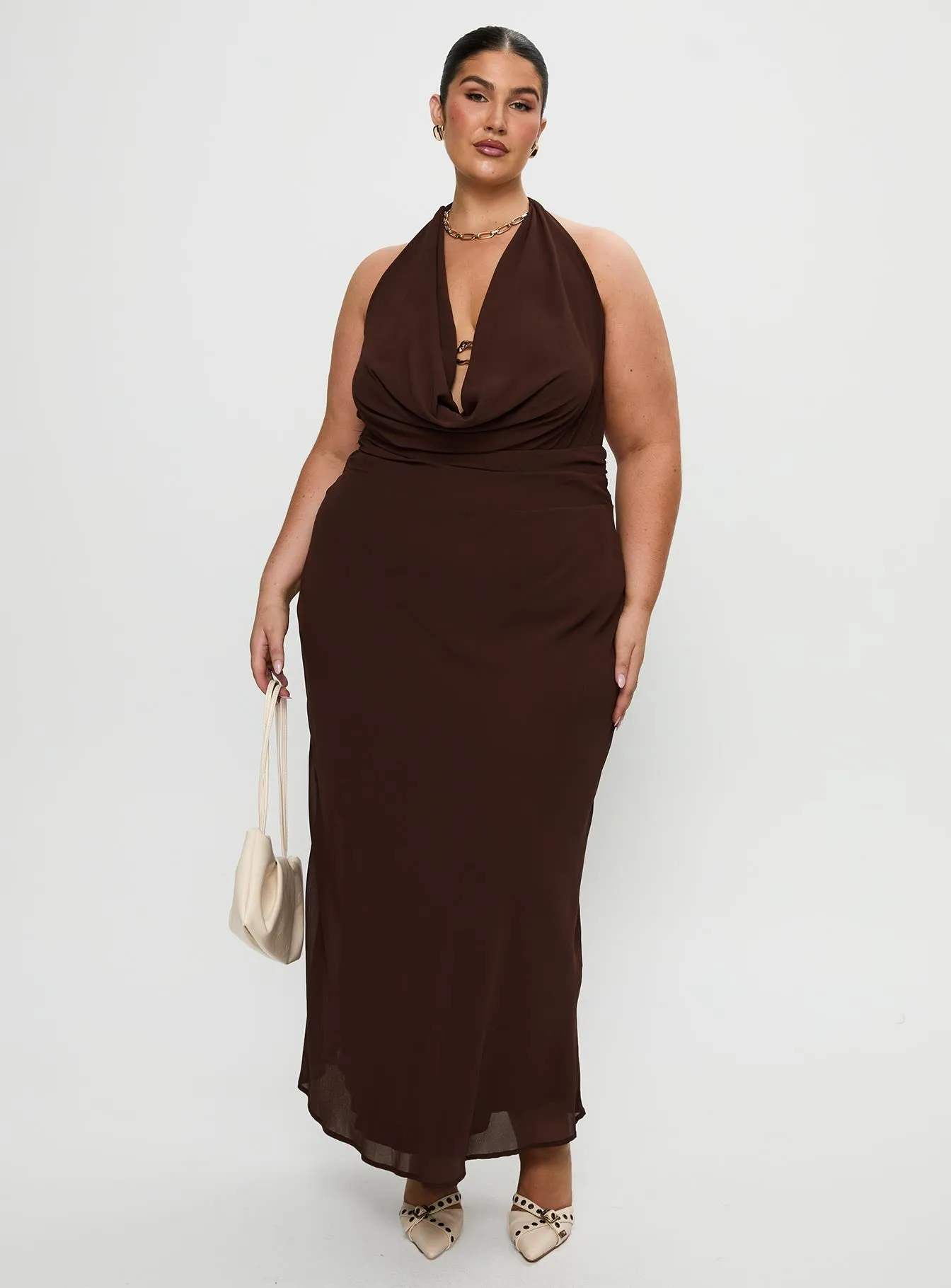 Moon Beam Alejandria Cowl Neck Maxi Dress Chocolate Curve