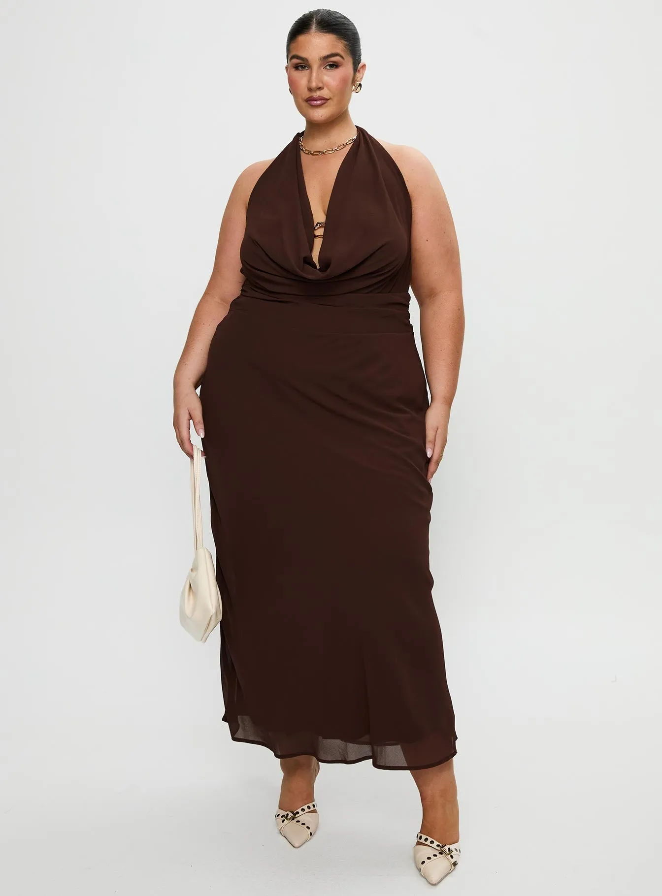 Alejandria Cowl Neck Maxi Dress Chocolate Curve Steel Glow